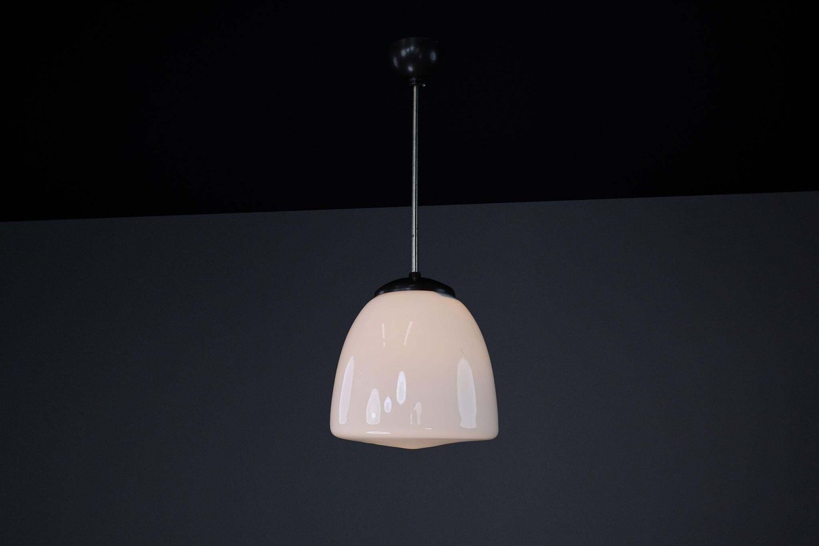 Bauhaus Opaline & Bakelite Pendant Lamp, Czech Republic 1950s photo 659.0