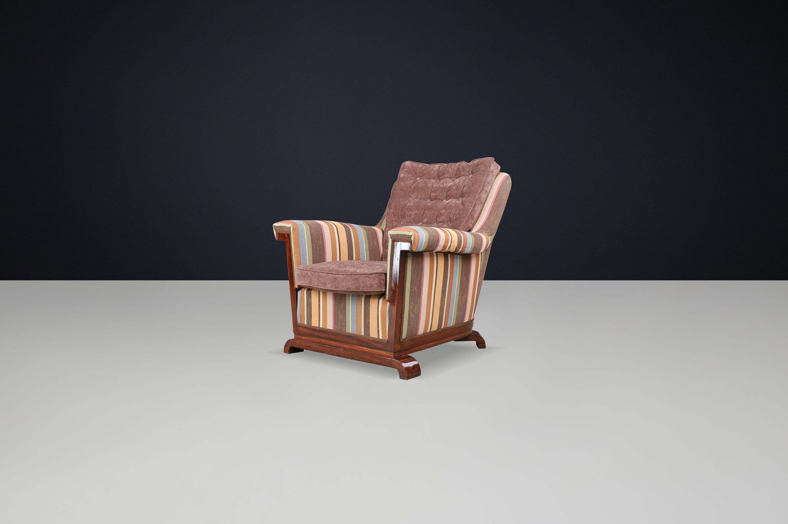 Large Art Deco Armchair In Reupholstered Fabric And Walnut, Prague, 1930s photo for sale