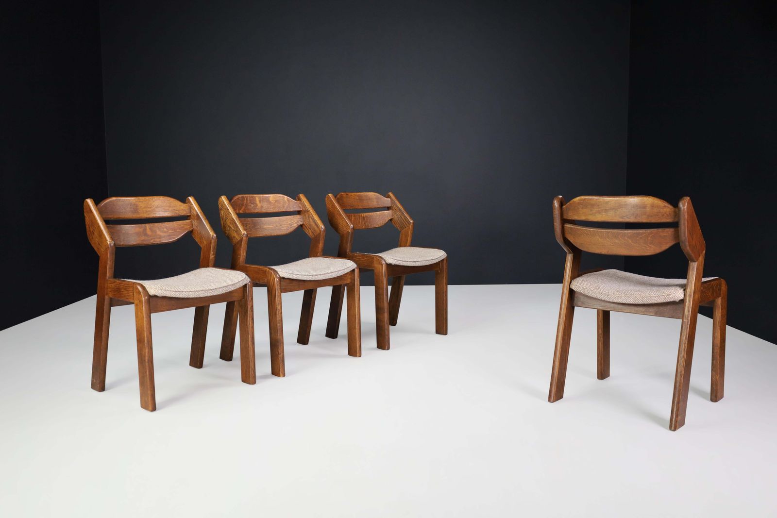 Sculptural Oak And Fabric Dining Chairs, France, 1960s photo vintage