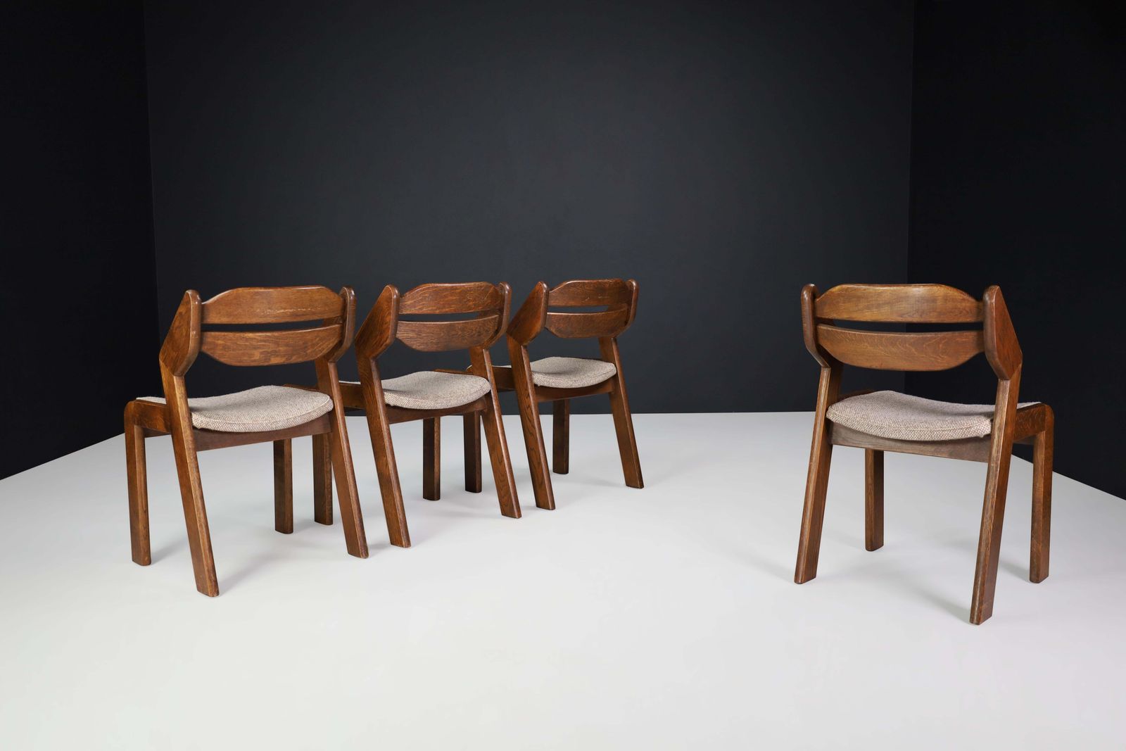 photo furniture Sculptural Oak And Fabric Dining Chairs, France, 1960s