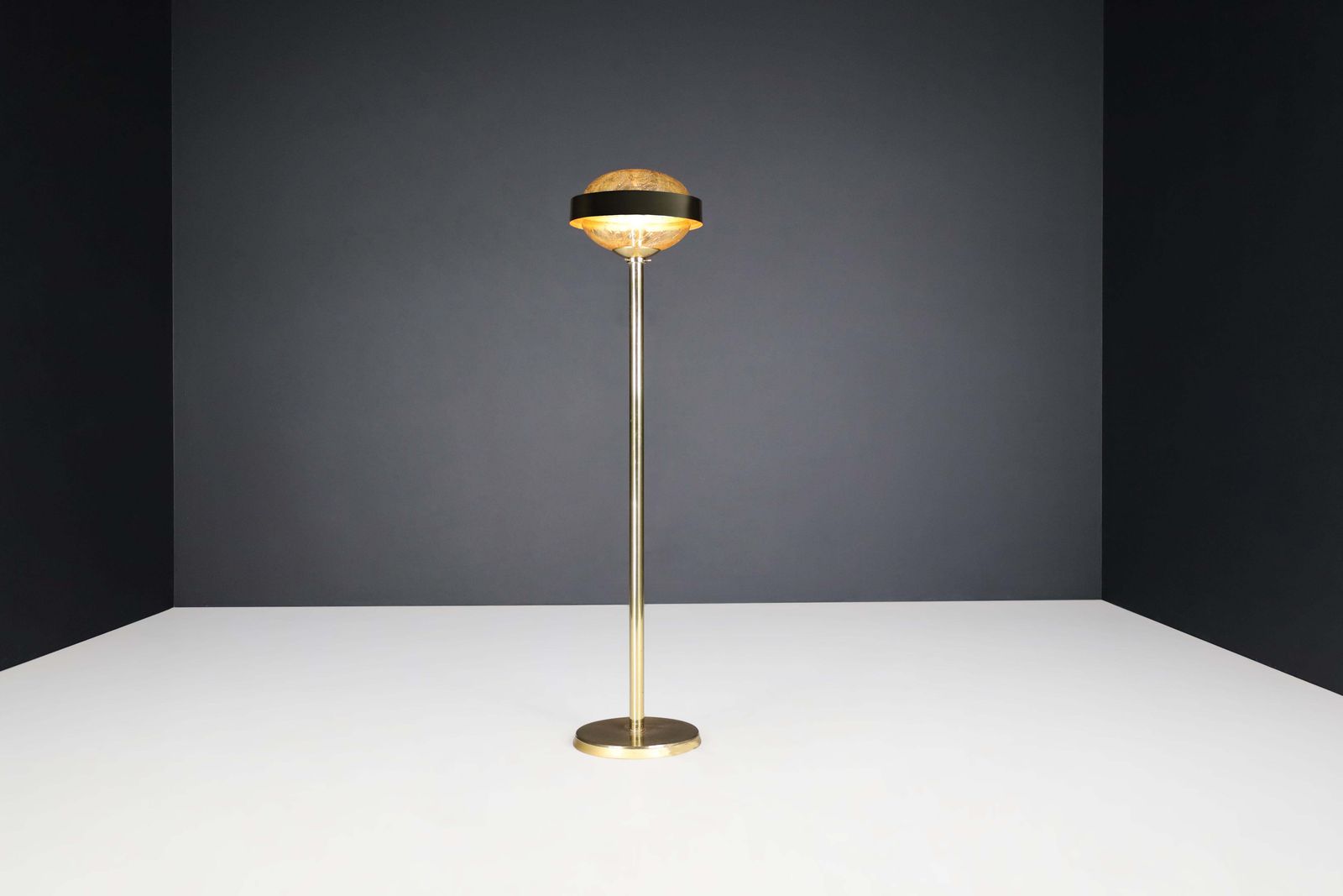 Mid Century Brass Floor Lamp With Hand Blown Glass Shade – Prague, 1960s photo furniture