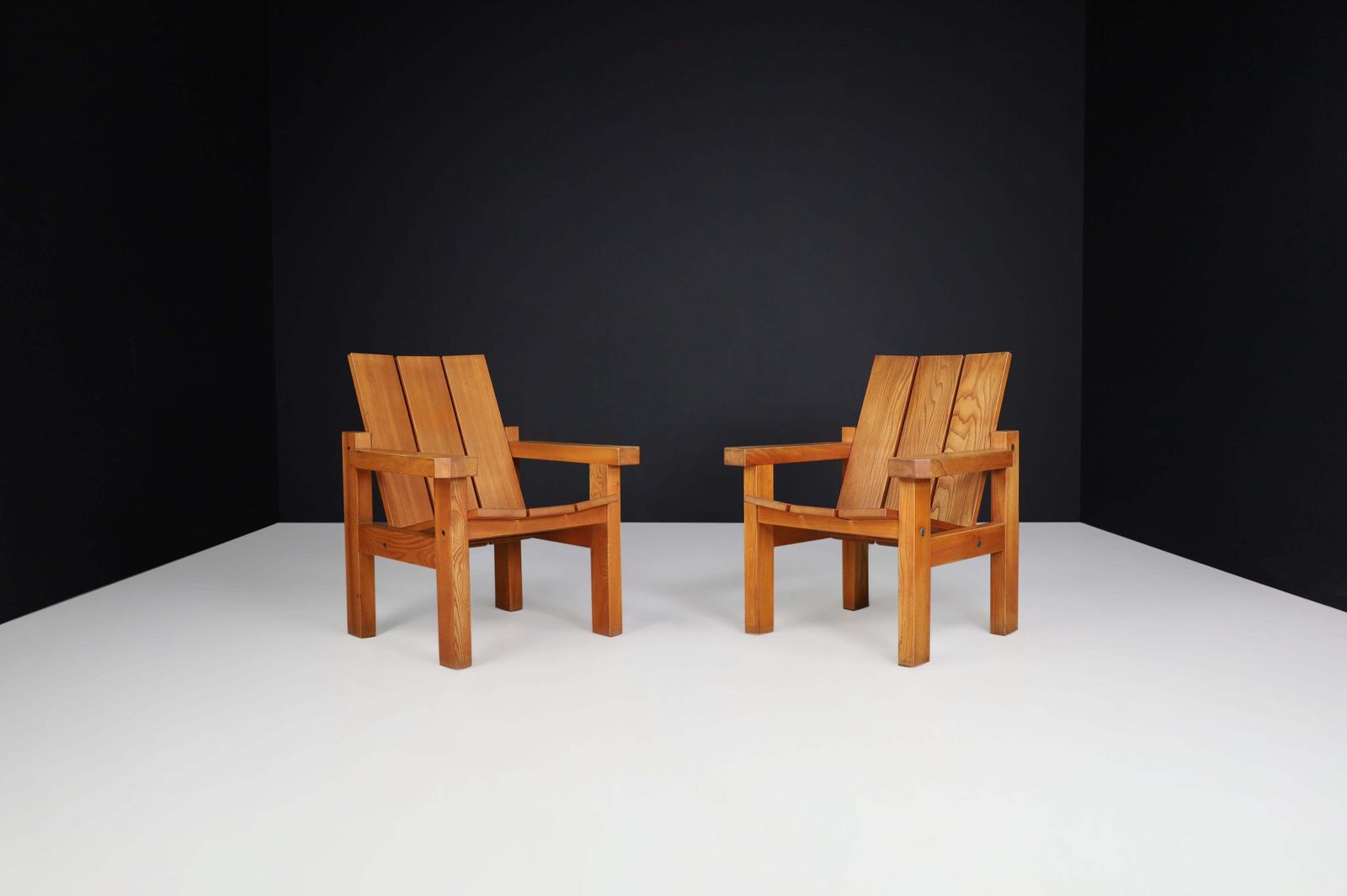 Mid Century Modern, Minimalist Lounge Chairs In Solid Elm, France 1960s photo for sale
