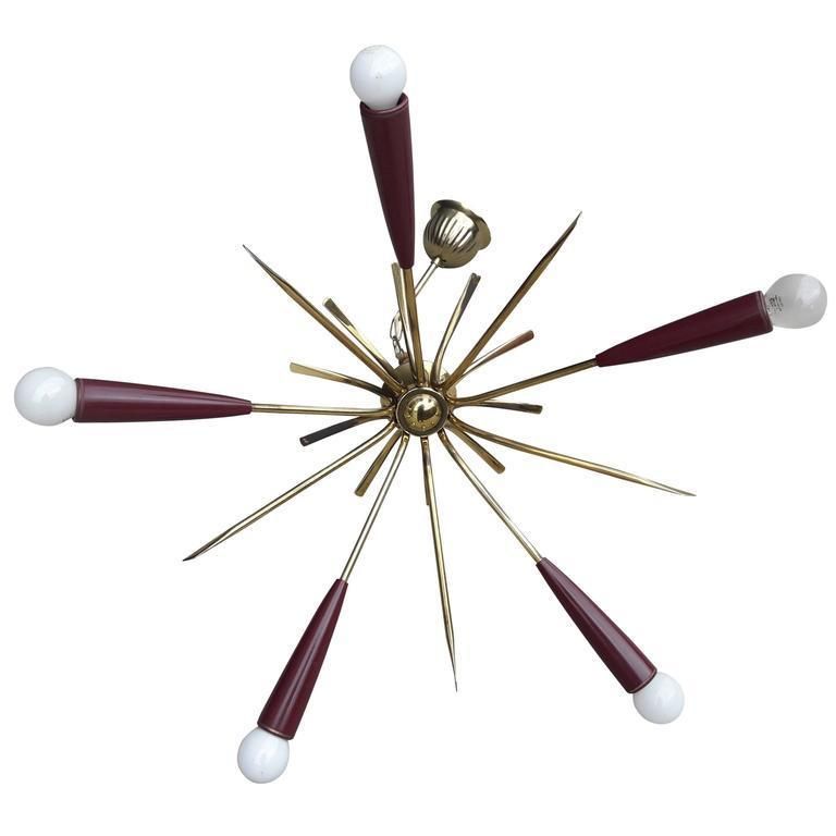Stilnovo Style Chandelier Modernist Sunburst Brass Fixture Flush Light, 1950s