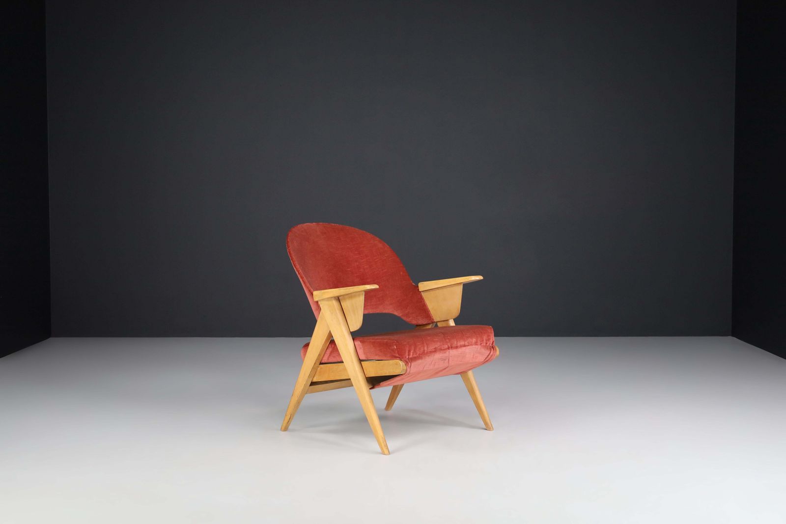 Mid Century Modern Wood And Original Velvet Lounge Chair Made In France, 1950s photo for sale