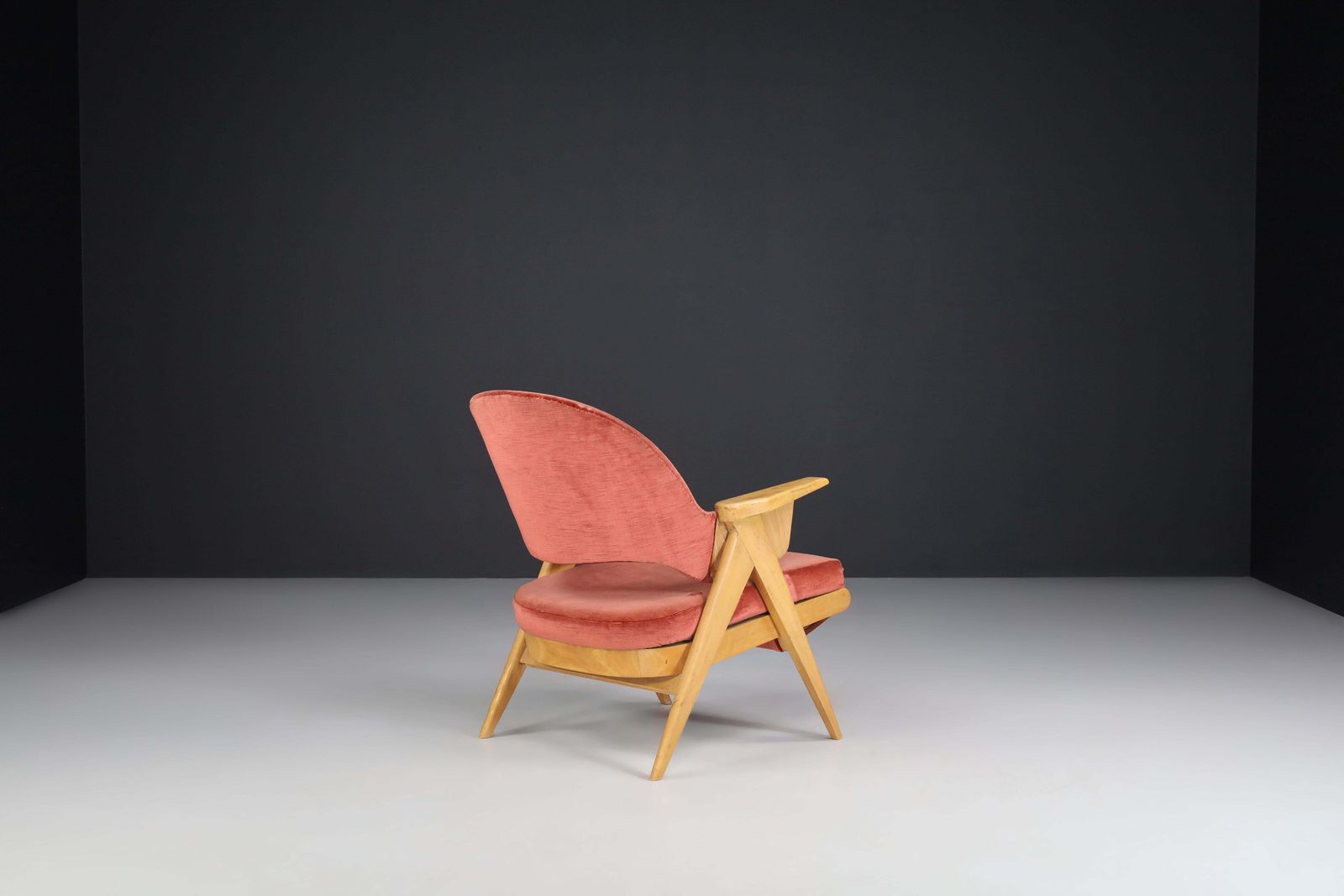 Mid Century Modern Wood And Original Velvet Lounge Chair Made In France, 1950s photo Furniture