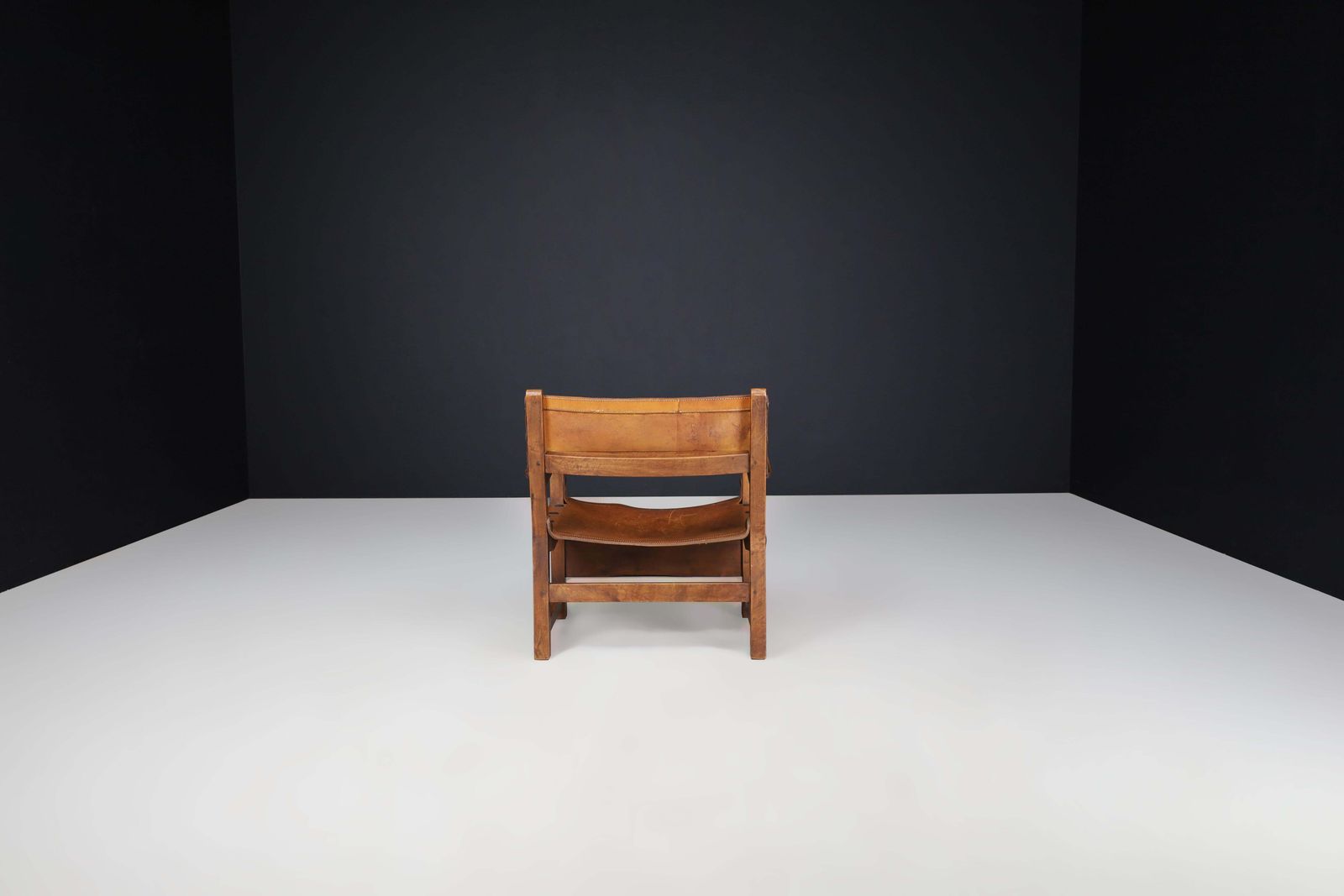Patinated Wood And Cognac Leather "Spanish Chair" Spain, 1960s photo vinterior