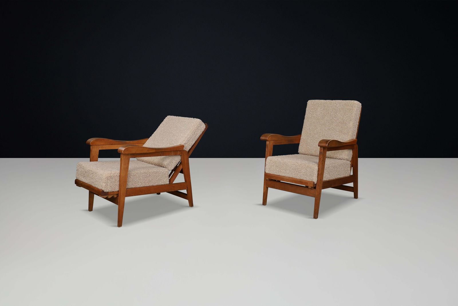 Brutalist Sculptural Adjustable Lounge Chairs In Oak And Teddy Upholstery France photo vinterior