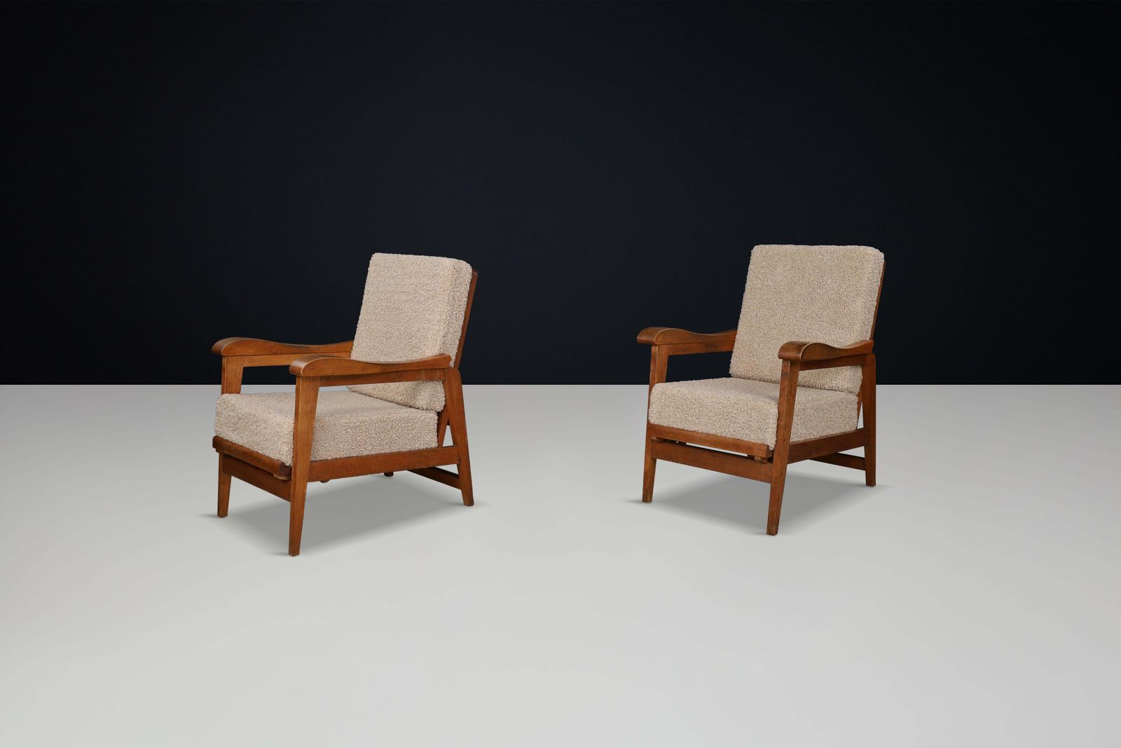 Brutalist Sculptural Adjustable Lounge Chairs In Oak And Teddy Upholstery France photo vintage