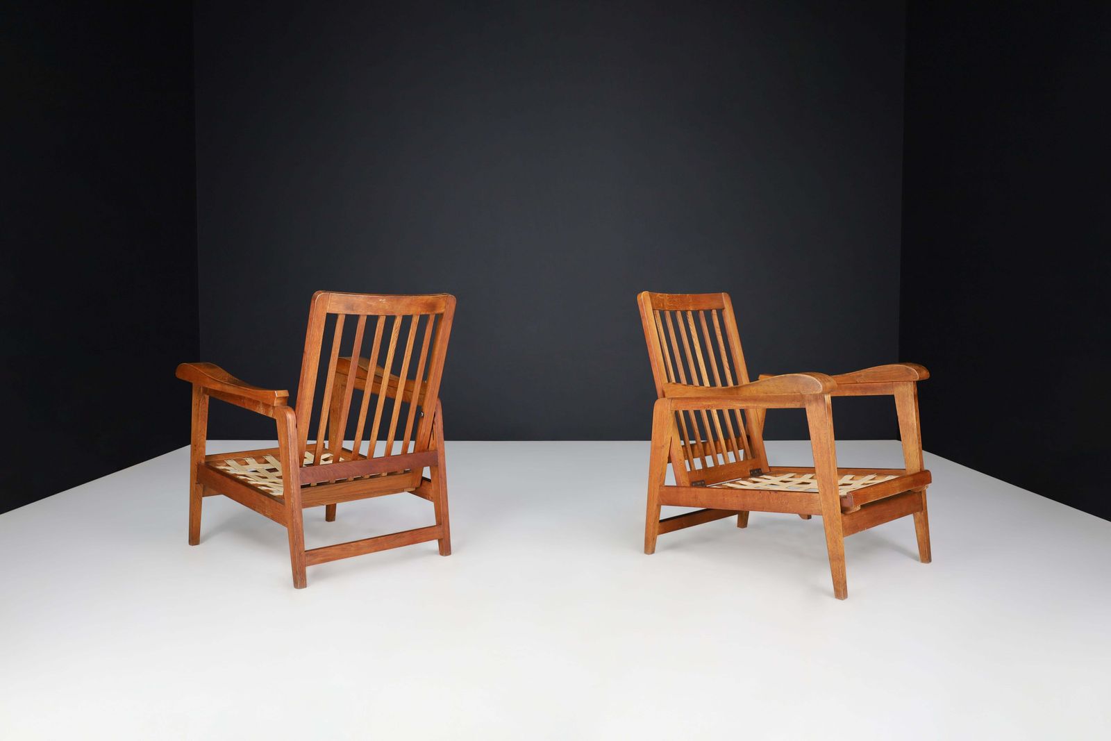 Furniture Brutalist Sculptural Adjustable Lounge Chairs In Oak And Teddy Upholstery France photo