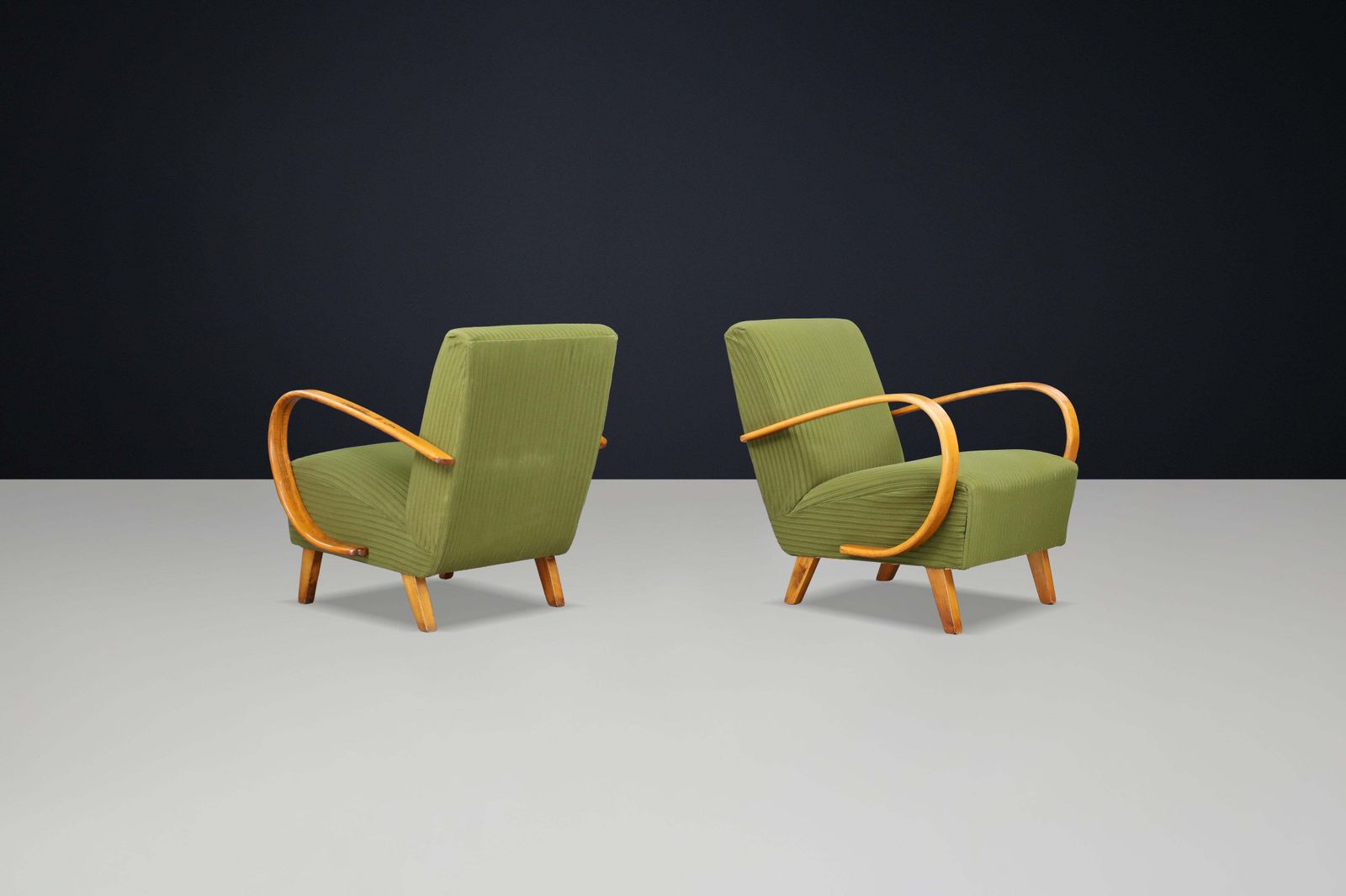 Pair Of Jindřich Halabala Bentwood Armchairs, Prague, 1940s In Green Fabric photo buy