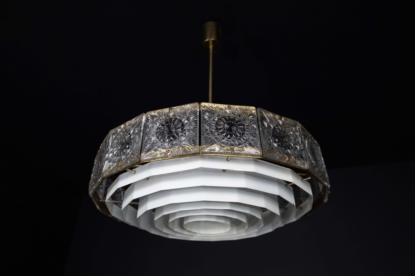 Mid Century Modern Patinated Brass And Bohemian Glass Chandelier, 1970s photo for sale