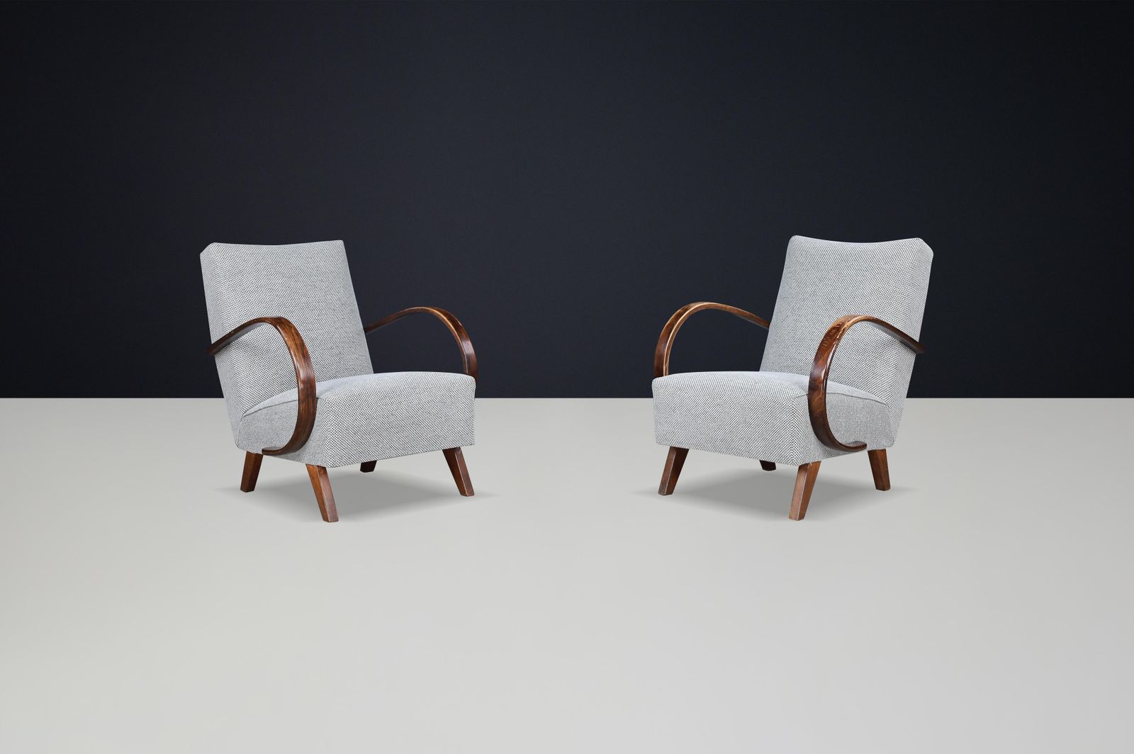 photo furniture Jindrich Halabala Re Upholstered Bentwood Lounge Chairs, 1940s