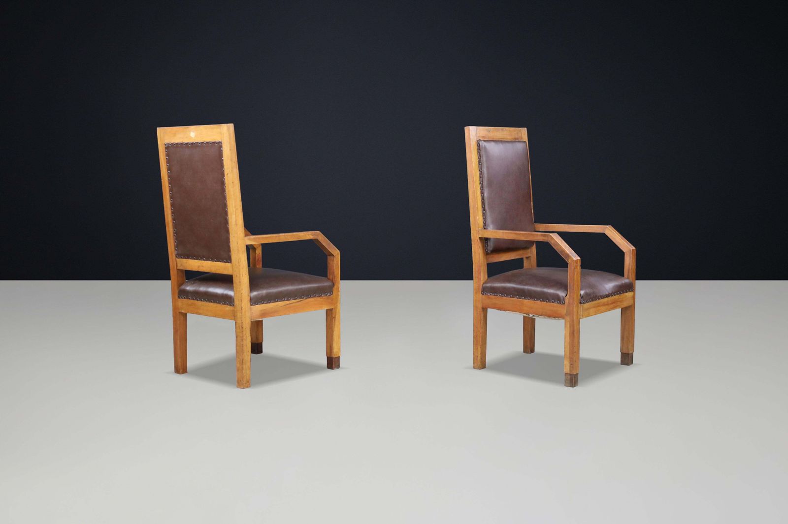 Pair Of Giovanni Michelucci Patinated Oak And Leather Armchairs, Italy, 1930s photo 3417.0