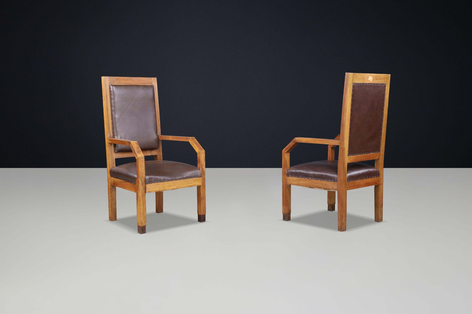 photo furniture Pair Of Giovanni Michelucci Patinated Oak And Leather Armchairs, Italy, 1930s