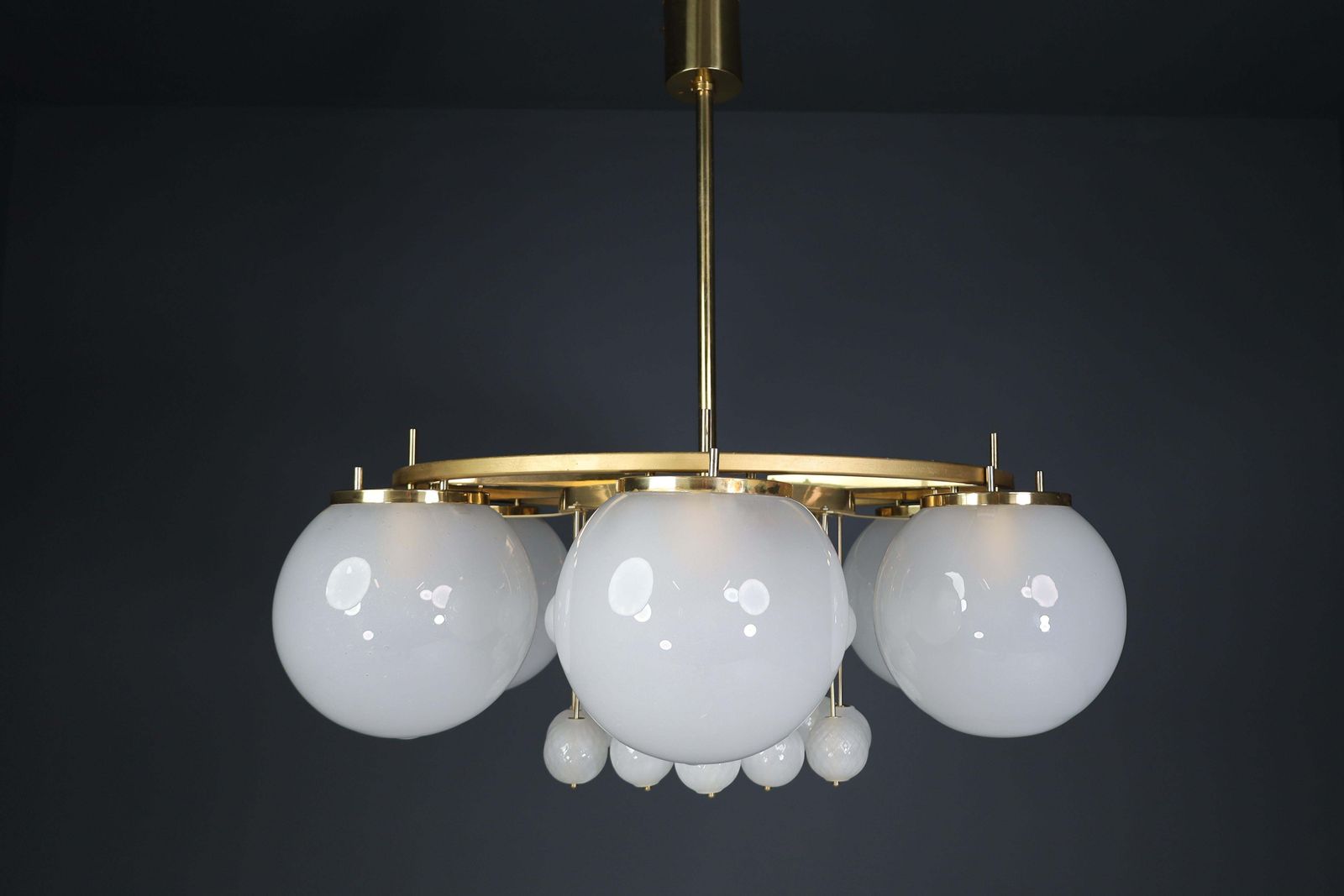 Large Brass Bohemian Chandelier With Frosted Glas Globes, The 1950s photo vinterior