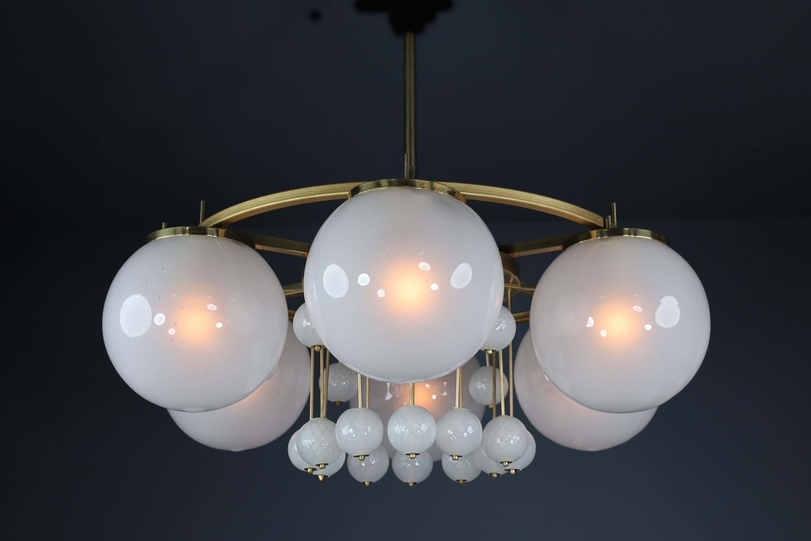 Lighting Large Brass Bohemian Chandelier With Frosted Glas Globes, The 1950s photo