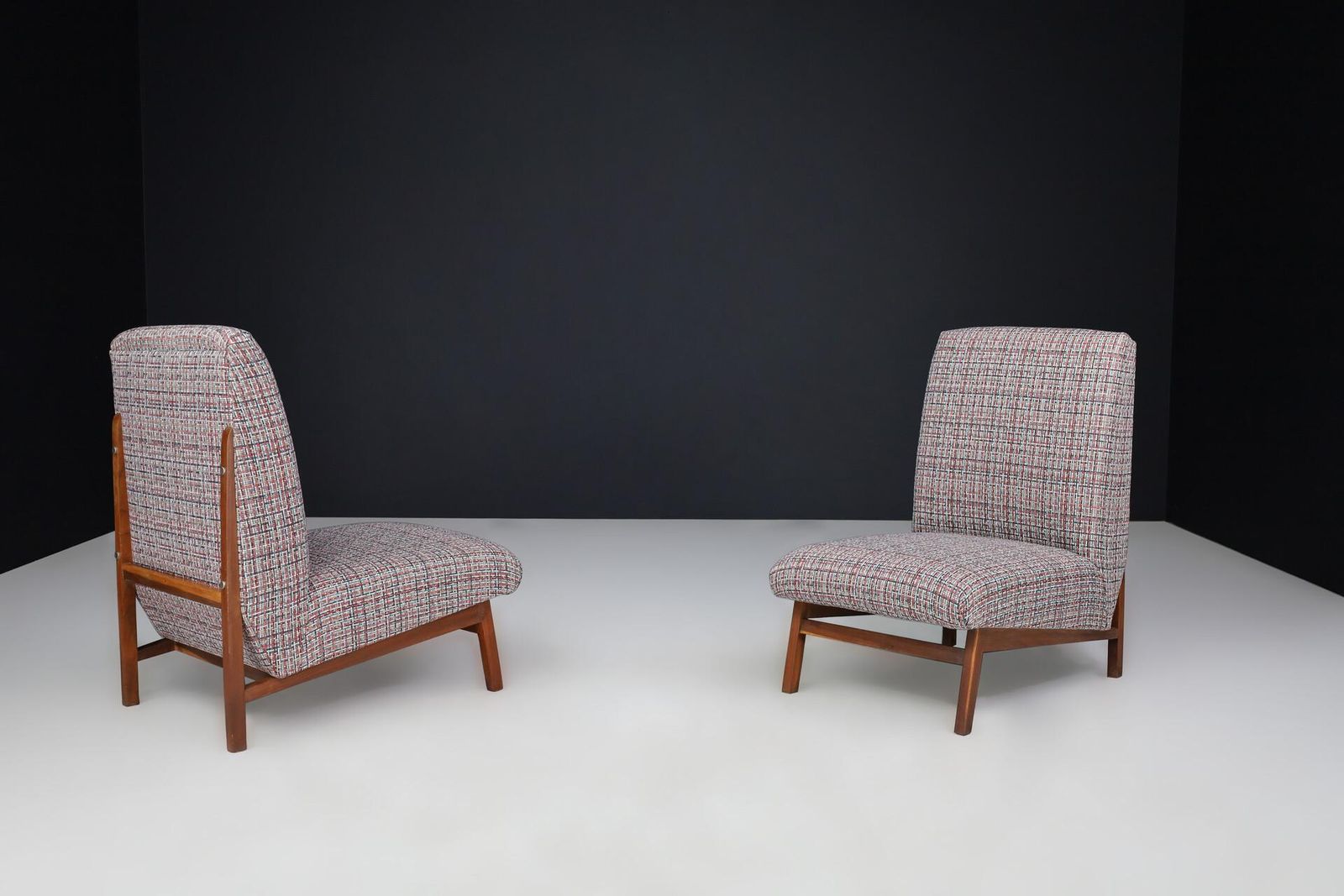 Mid Century Modern Walnut & Newly Upholstered Lounge Chairs, Italy, 1960s photo Furniture