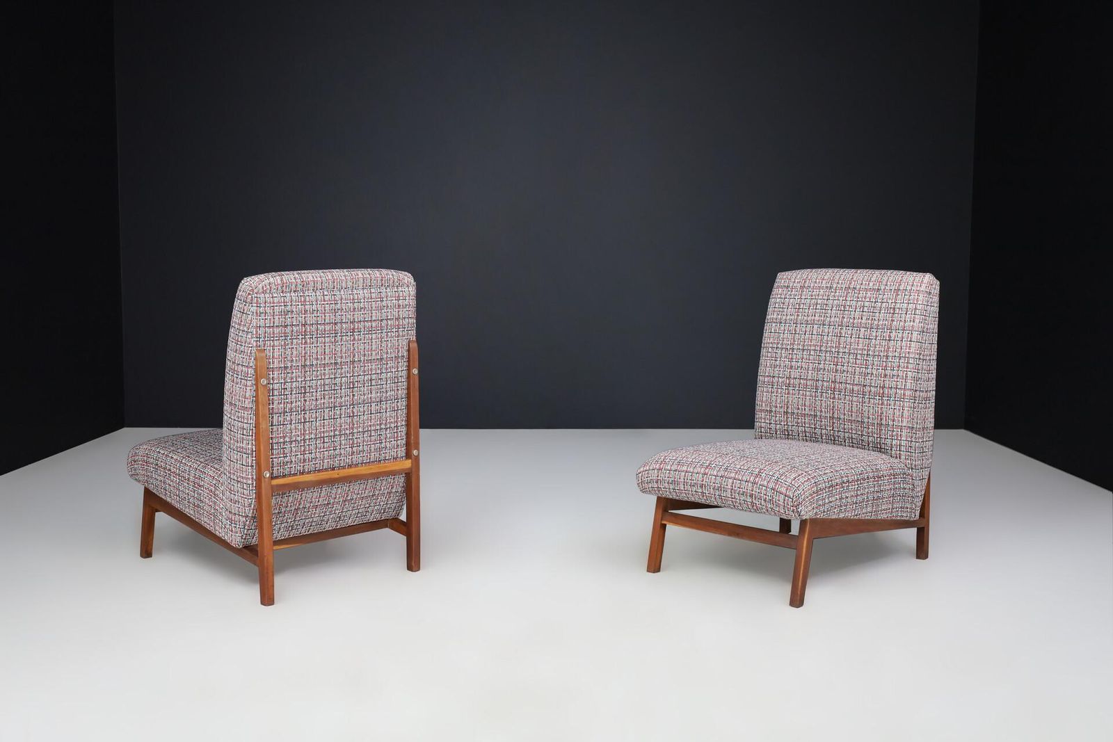 photo for sale Mid Century Modern Walnut & Newly Upholstered Lounge Chairs, Italy, 1960s