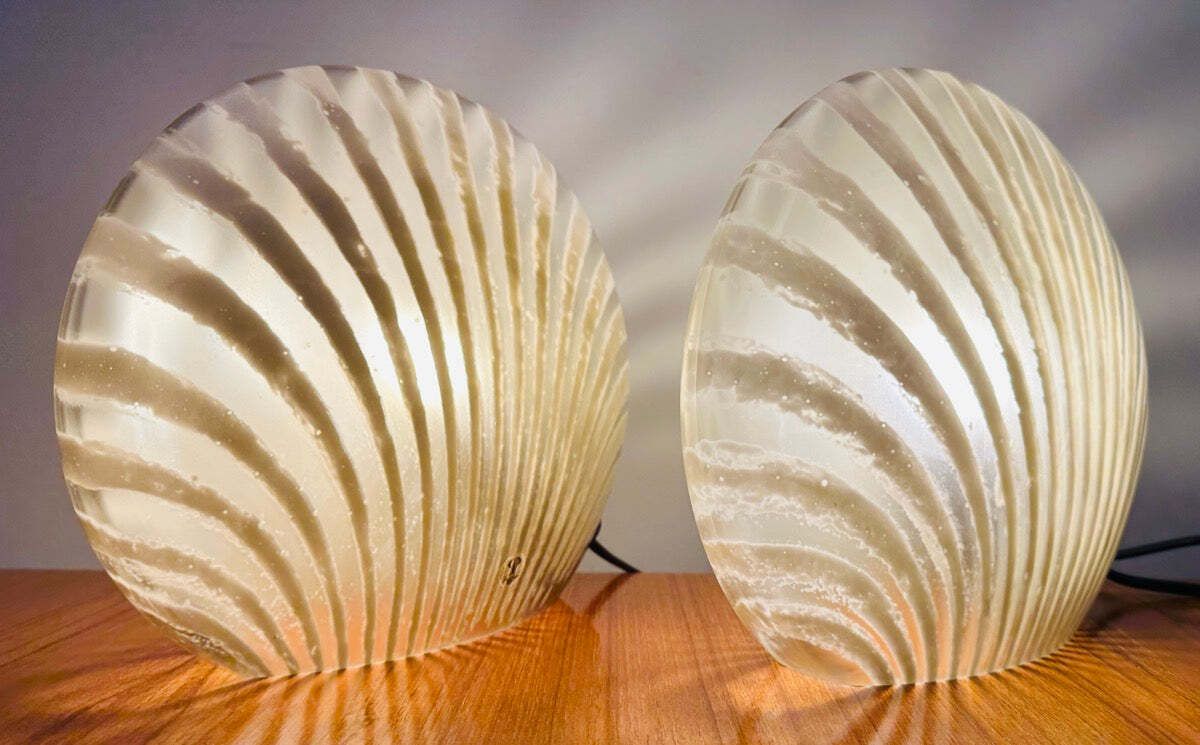 Pair Of 1970s German Peill & Putzler "Zebra" Shell Gold Tinted Striped Glass Table Lamps photo 775.0
