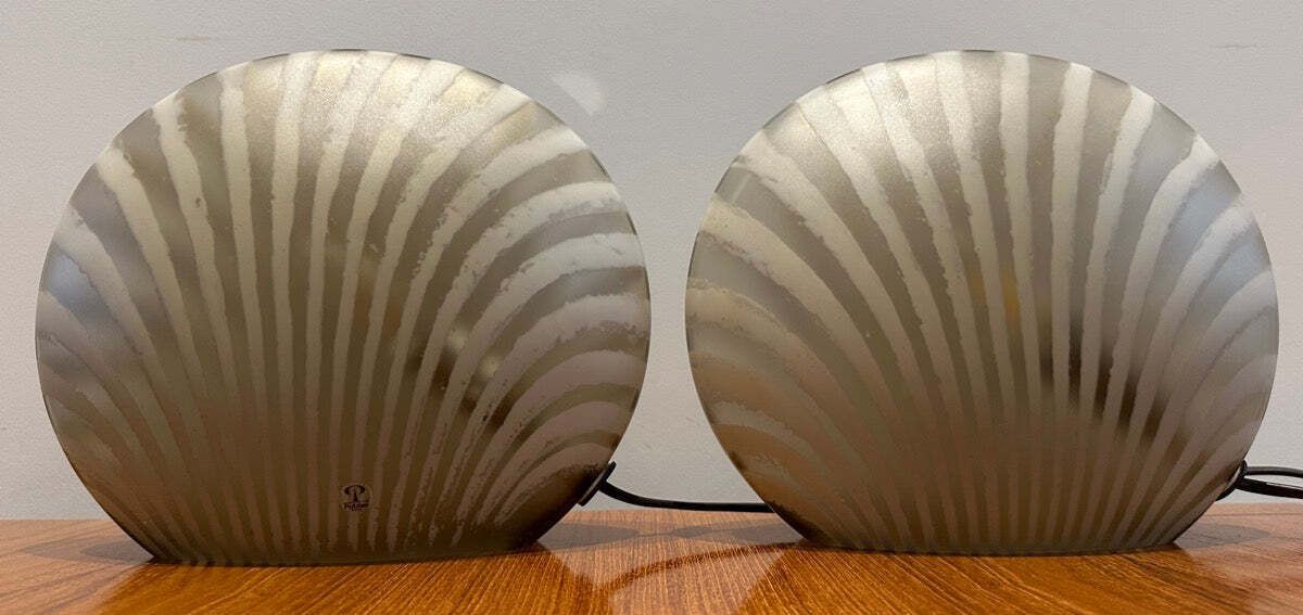 photo buy Pair Of 1970s German Peill & Putzler "Zebra" Shell Gold Tinted Striped Glass Table Lamps