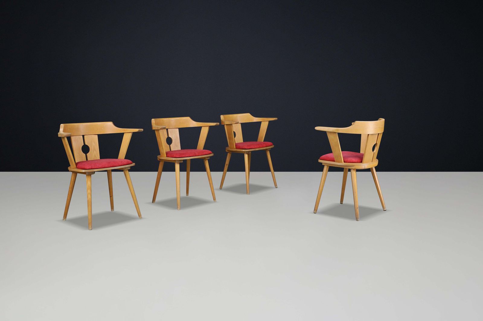 Mid Century French Bistro Armchair In Beech And Red Upholstery, 1950s photo for sale