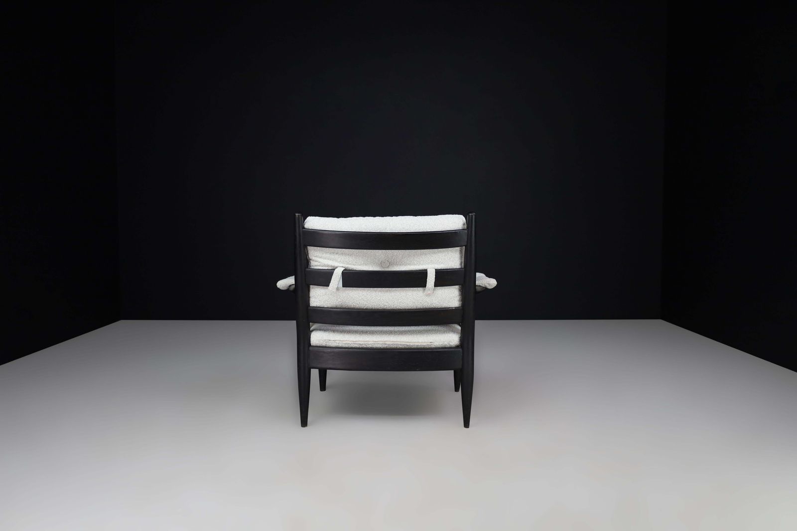 photo furniture Mid Century French Armchair In Patinated Oak And Bouclé Upholstery, 1960s