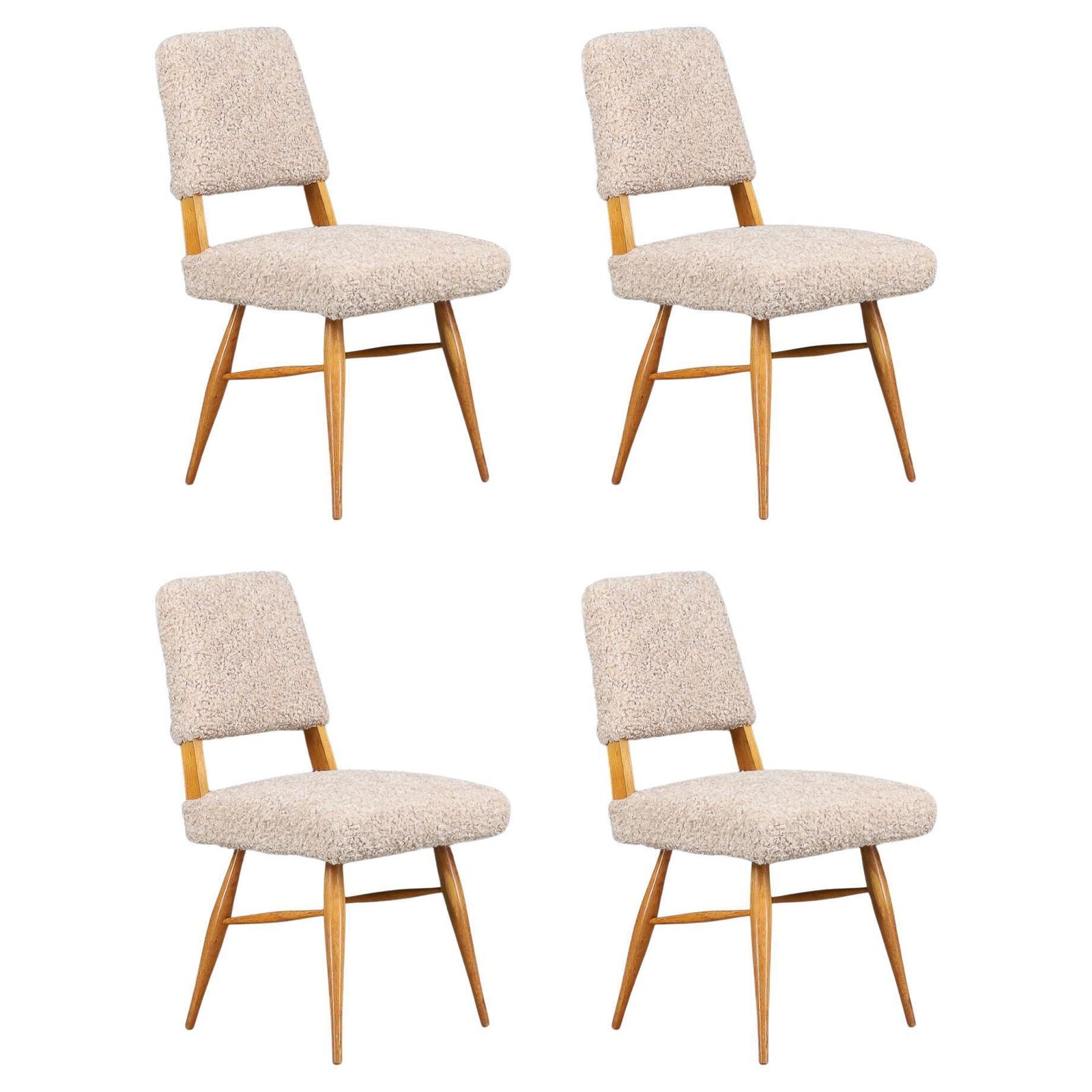 Sculptural Mid Century Dining Chairs In Ashwood With Soft Beige Teddy Upholstery