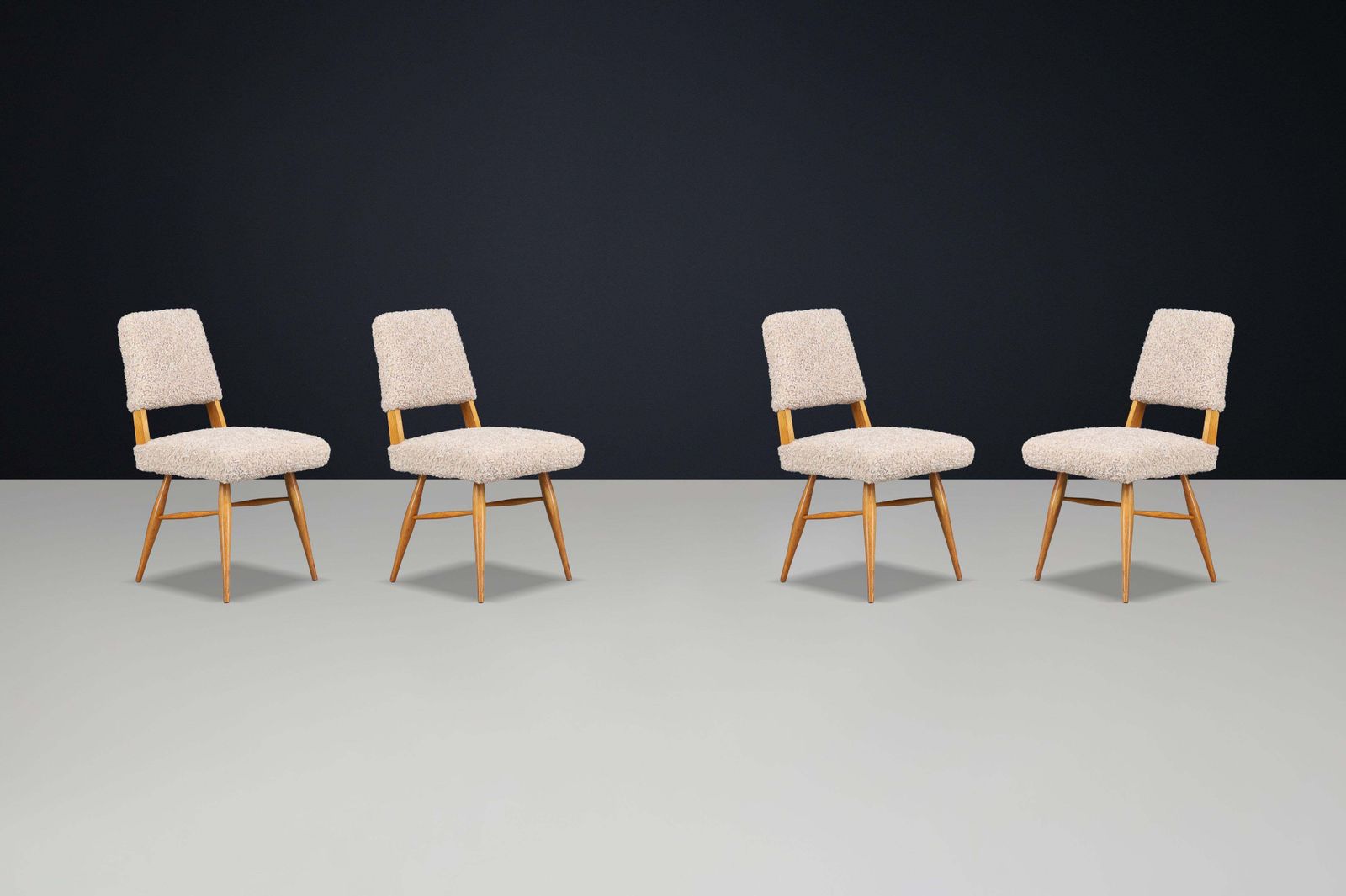 Sculptural Mid Century Dining Chairs In Ashwood With Soft Beige Teddy Upholstery photo furniture