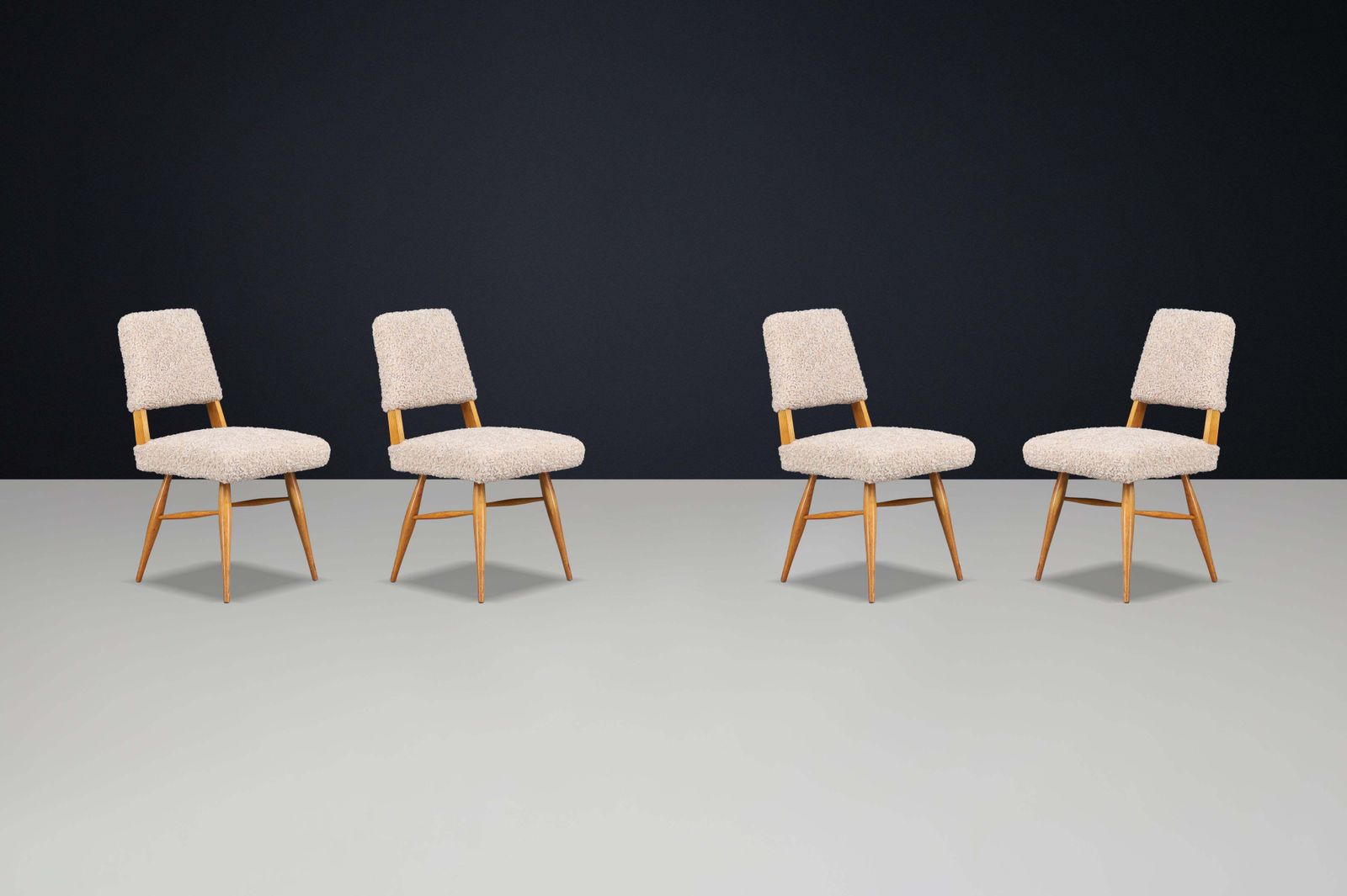 Sculptural Mid Century Dining Chairs In Ashwood With Soft Beige Teddy Upholstery photo buy