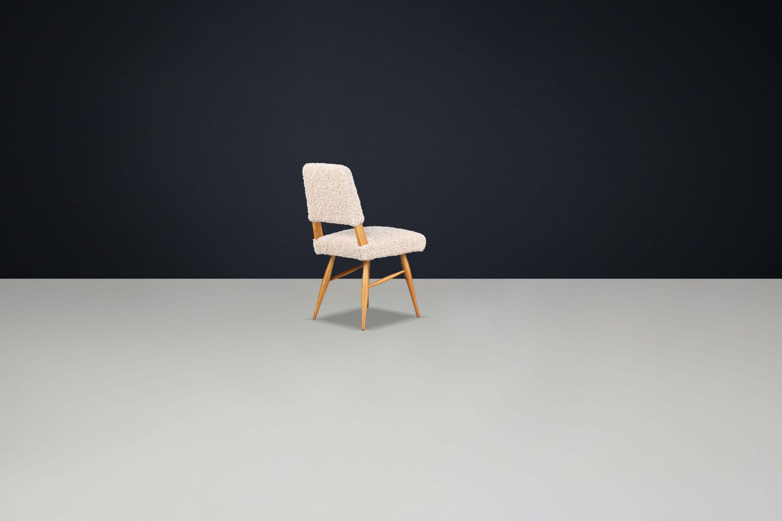 Sculptural Mid Century Dining Chairs In Ashwood With Soft Beige Teddy Upholstery photo vintage