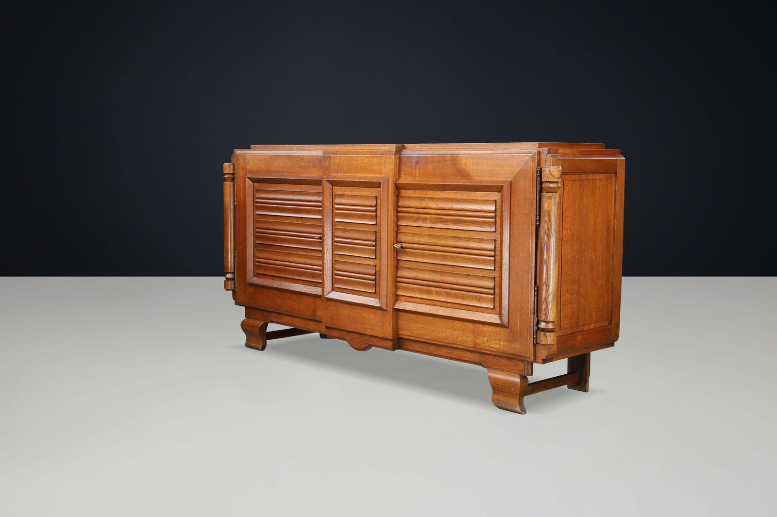 French Art Deco Patinated Oak Sideboard With Relief Carved Doors, 1940s photo Furniture