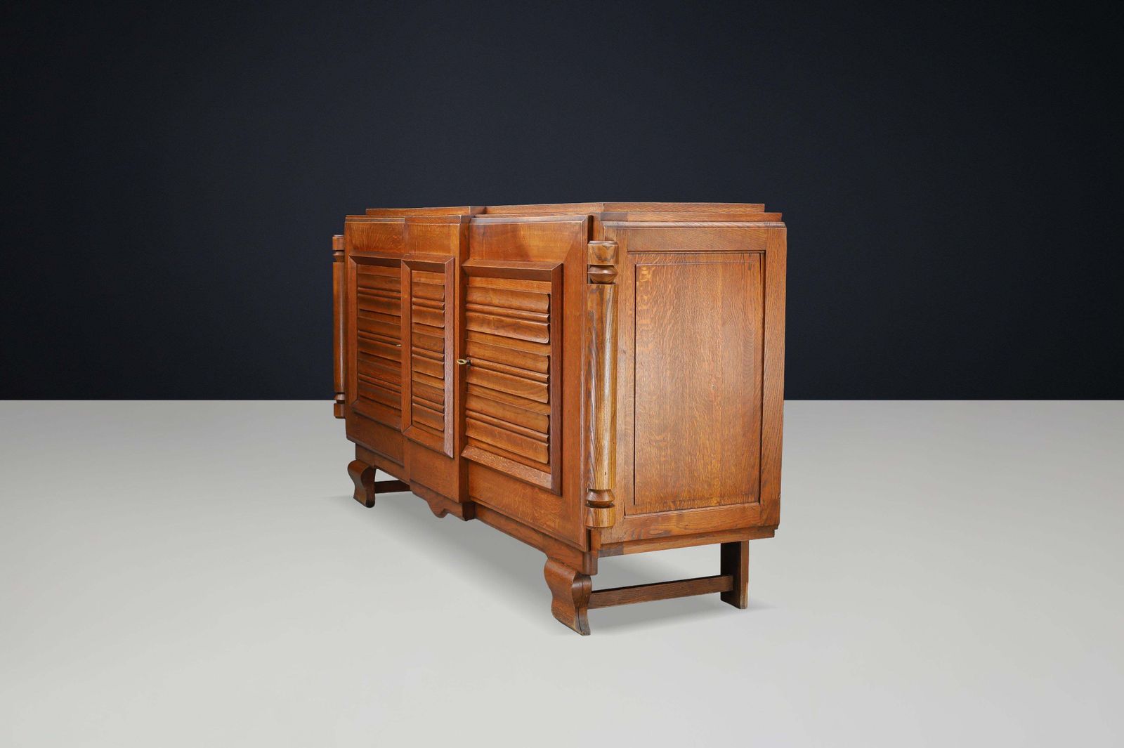 French Art Deco Patinated Oak Sideboard With Relief Carved Doors, 1940s photo vinterior