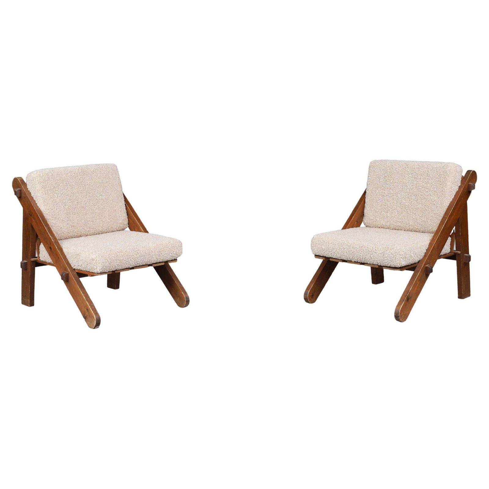 Pinewood Lounge Chairs In New Teddy Upholstery, France, 1970s