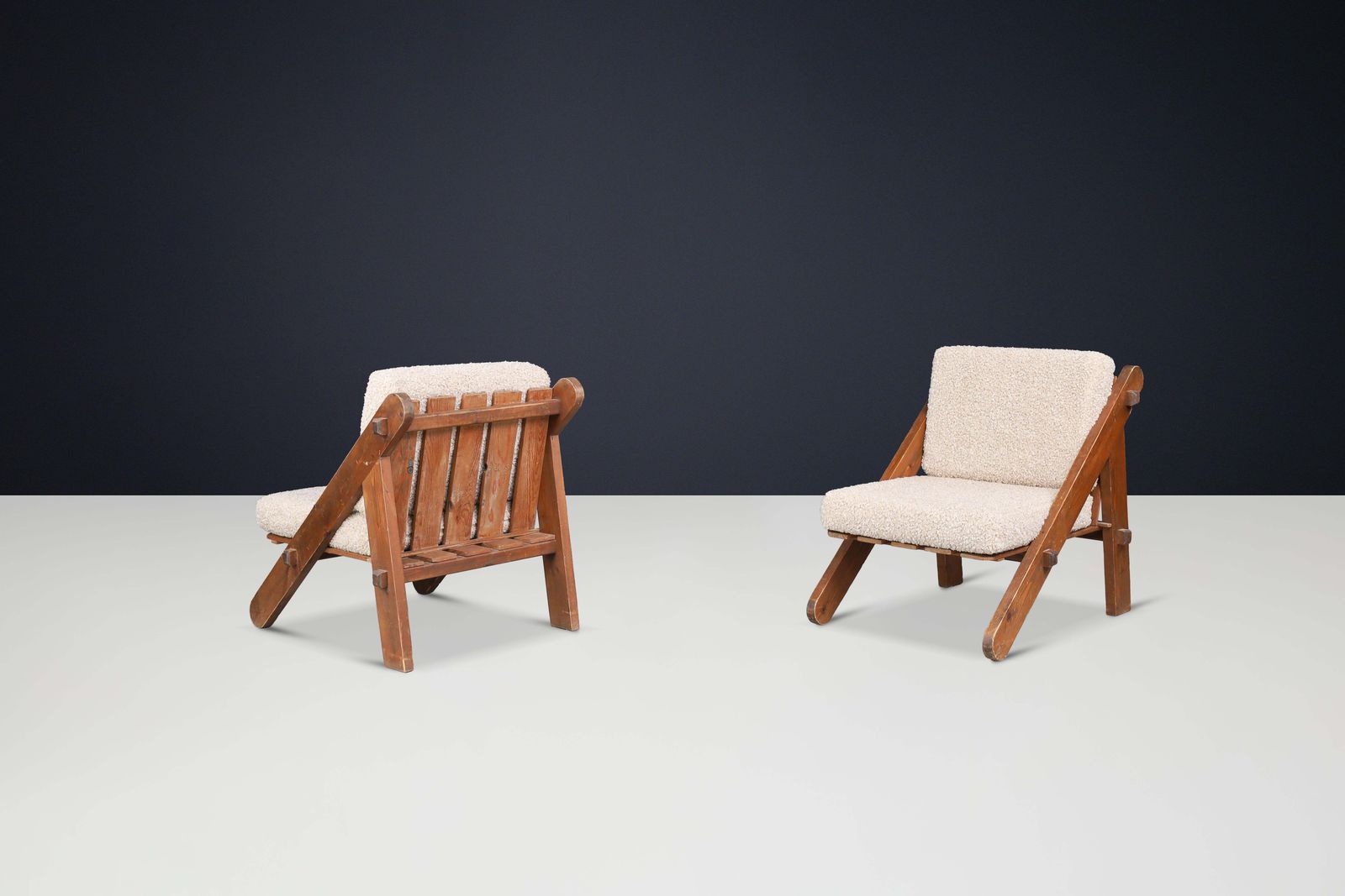 Pinewood Lounge Chairs In New Teddy Upholstery, France, 1970s photo for sale