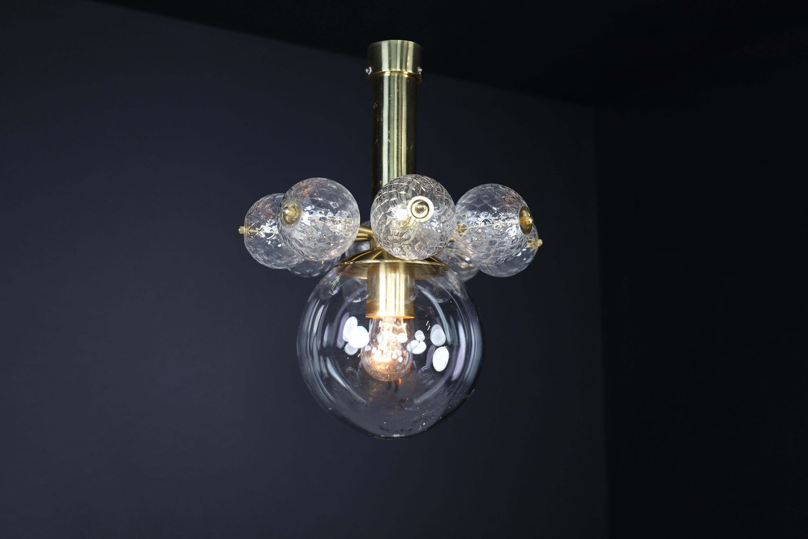 Large Set Chandelier With Brass Fixture And Hand Blowed  Glass Globes, Cz 1960 photo for sale
