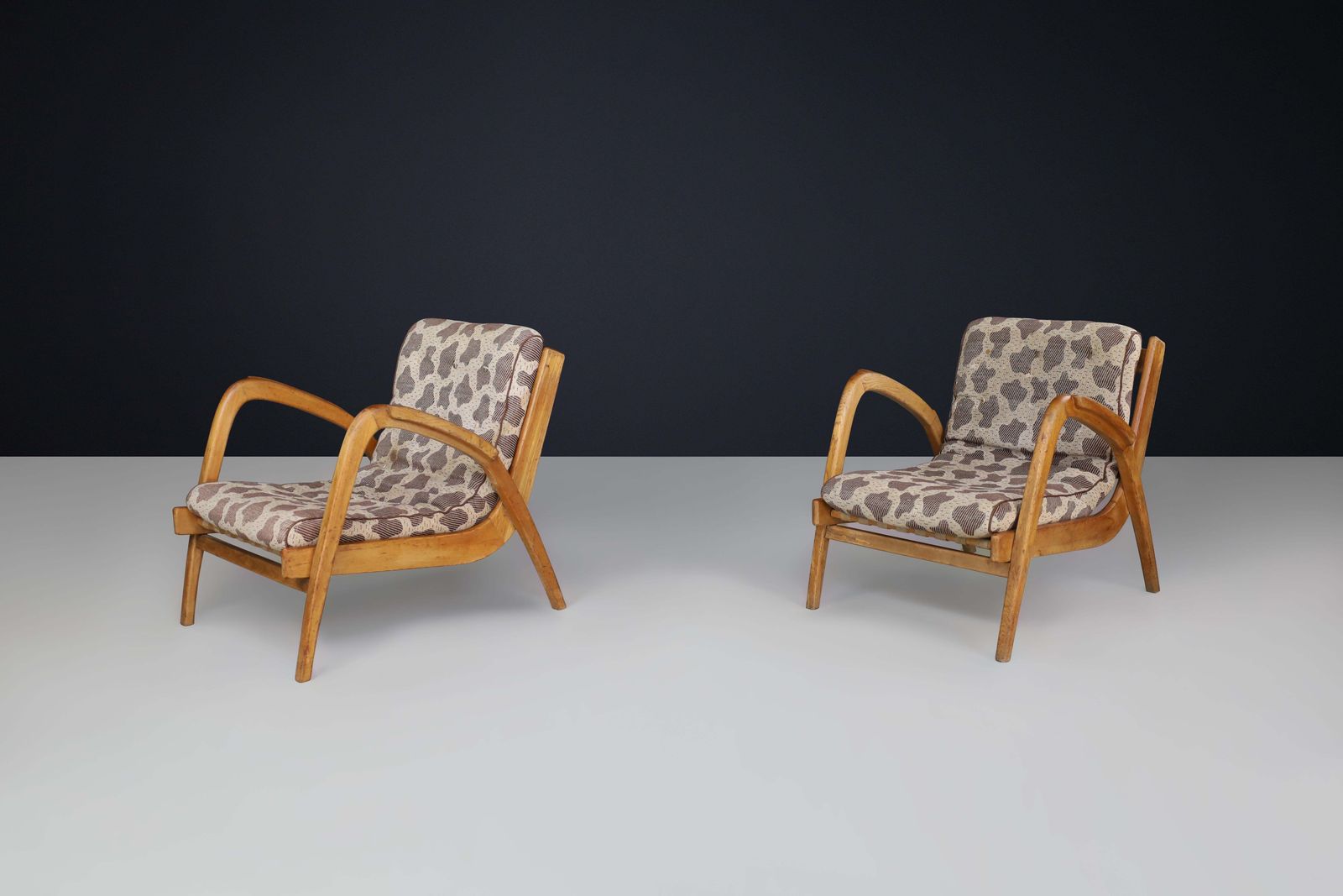 photo for sale Pair Of Jan Vaněk Curved Easy Chairs In Ash With Original Upholstery, Cz 1950s