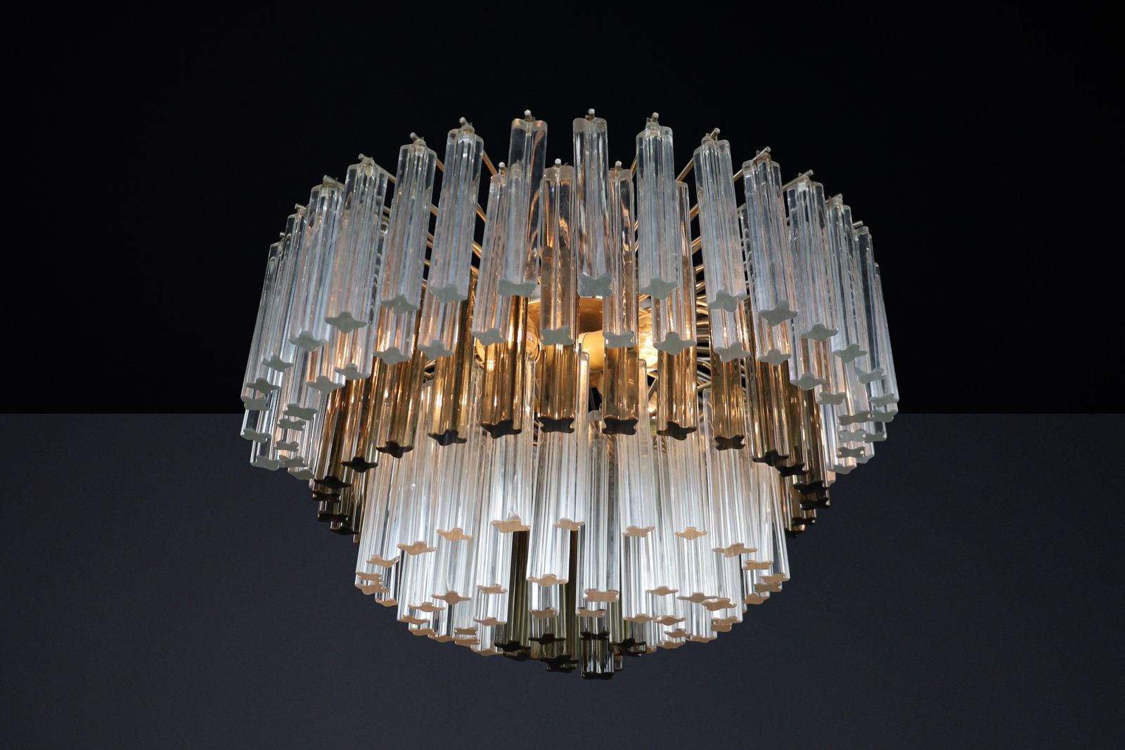 photo furniture Large Two Colored Six Tier Crystal Venini Chandelier From Italy, 1960s.