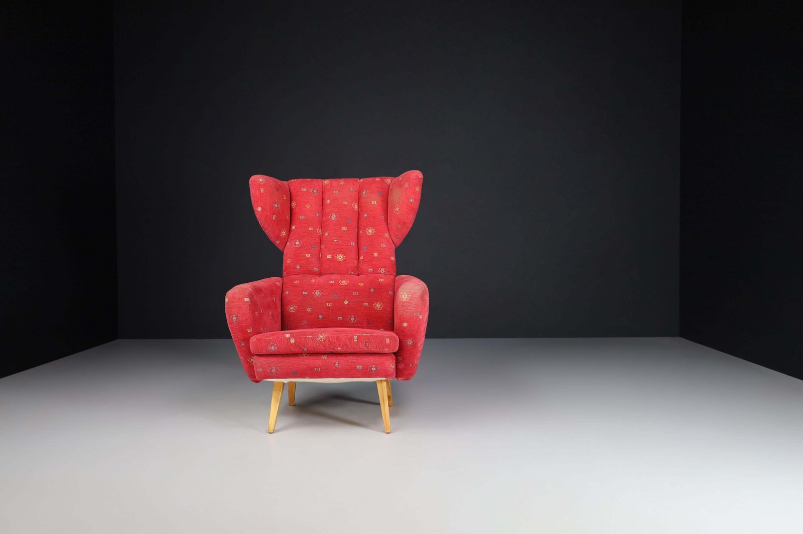Wing Back Lounge Chair In Red Upholstery, Praque 1950s photo buy