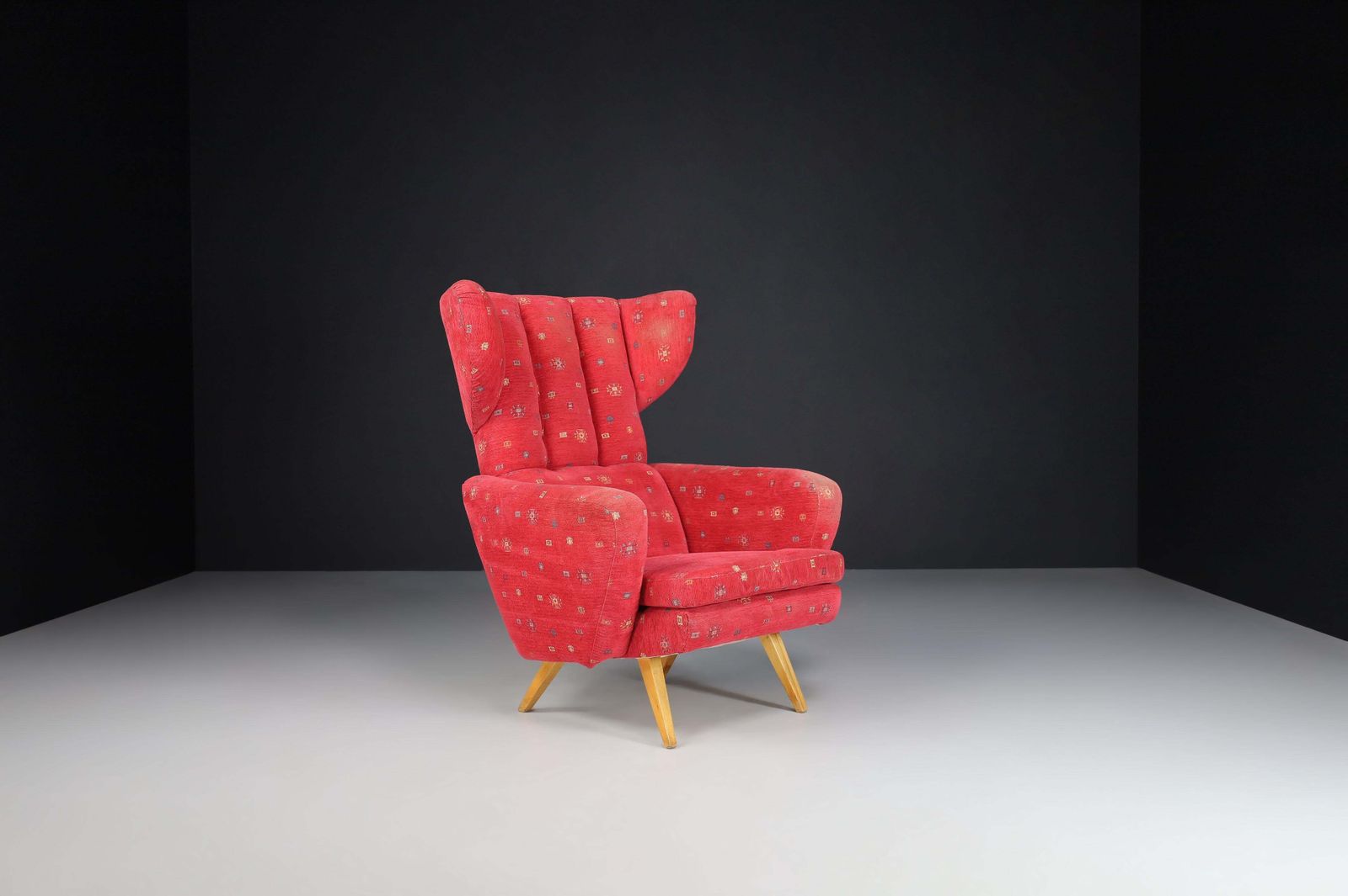 photo furniture Wing Back Lounge Chair In Red Upholstery, Praque 1950s