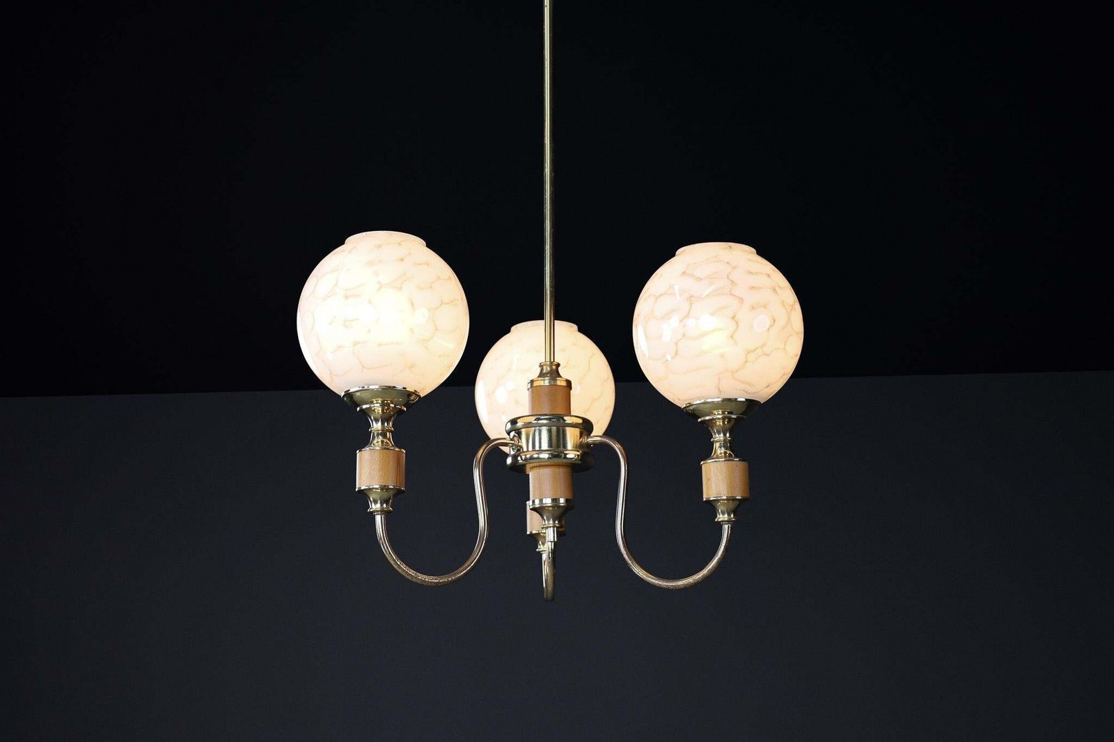 Mid Century Modern Brass And Art Glass Chandelier, Czech Republic 1970s photo vinterior