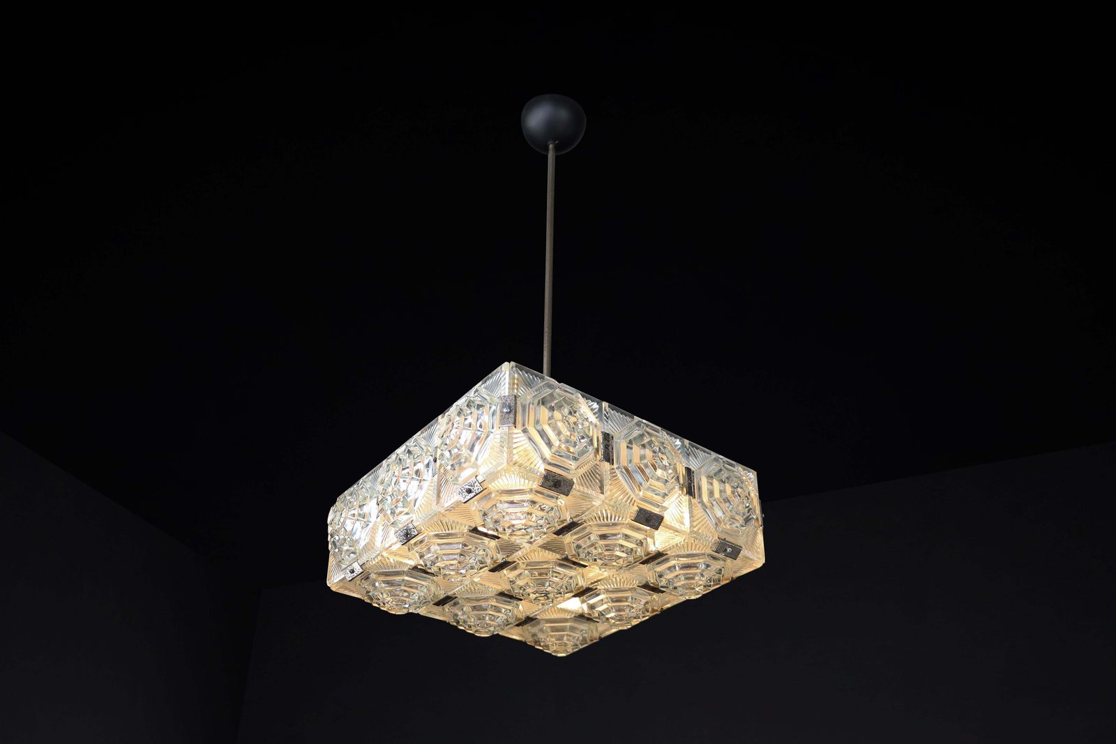 Bohemian Mid Century Modern Glass & Chrome Chandelier, Czechoslovakia, 1970s photo furniture