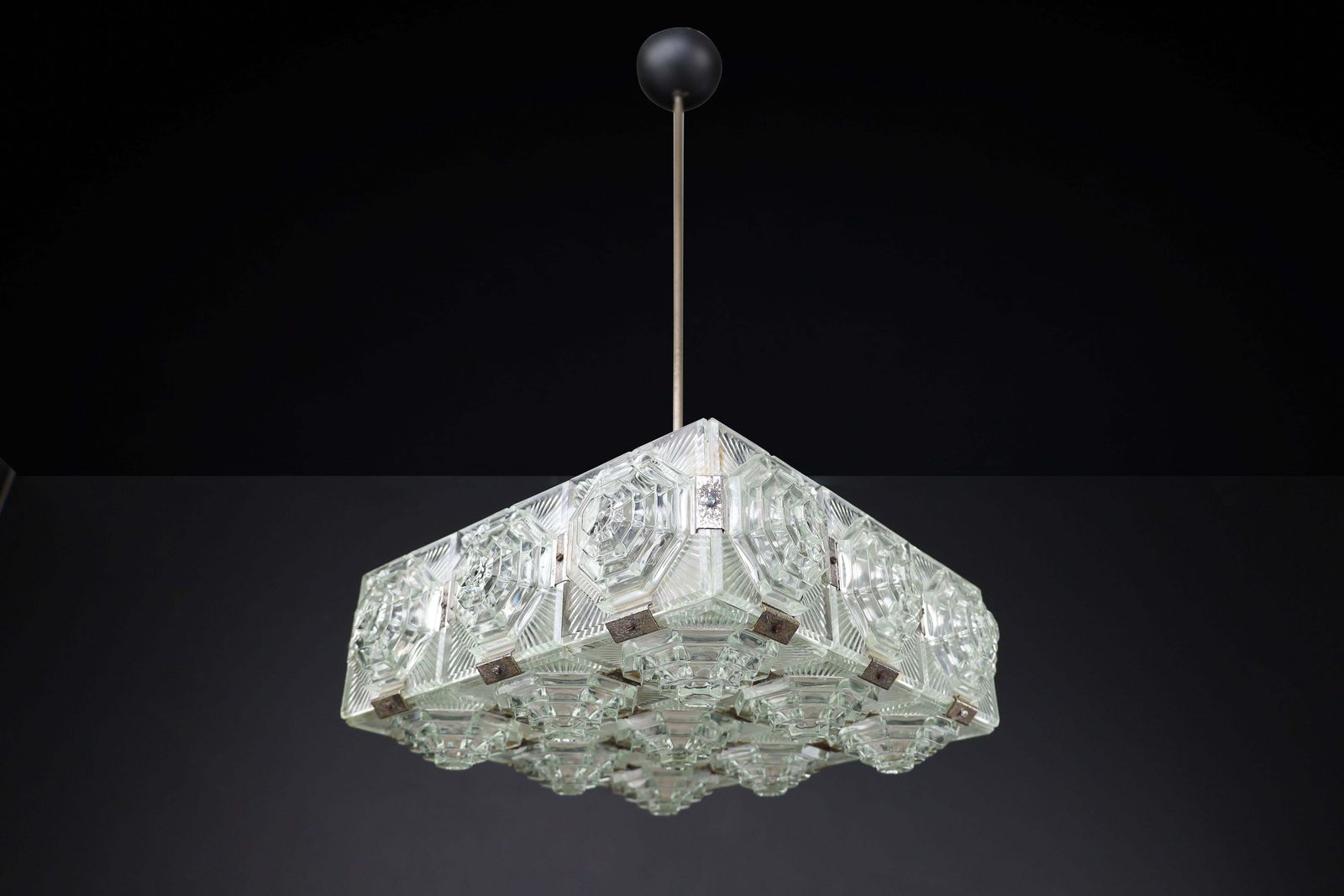 Bohemian Mid Century Modern Glass & Chrome Chandelier, Czechoslovakia, 1970s photo for sale