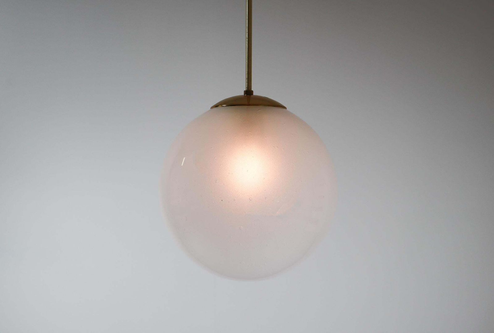 Large Brass Pendant With A Pearl White Hand Blown Globe By Preciosa, 1970s photo vinterior