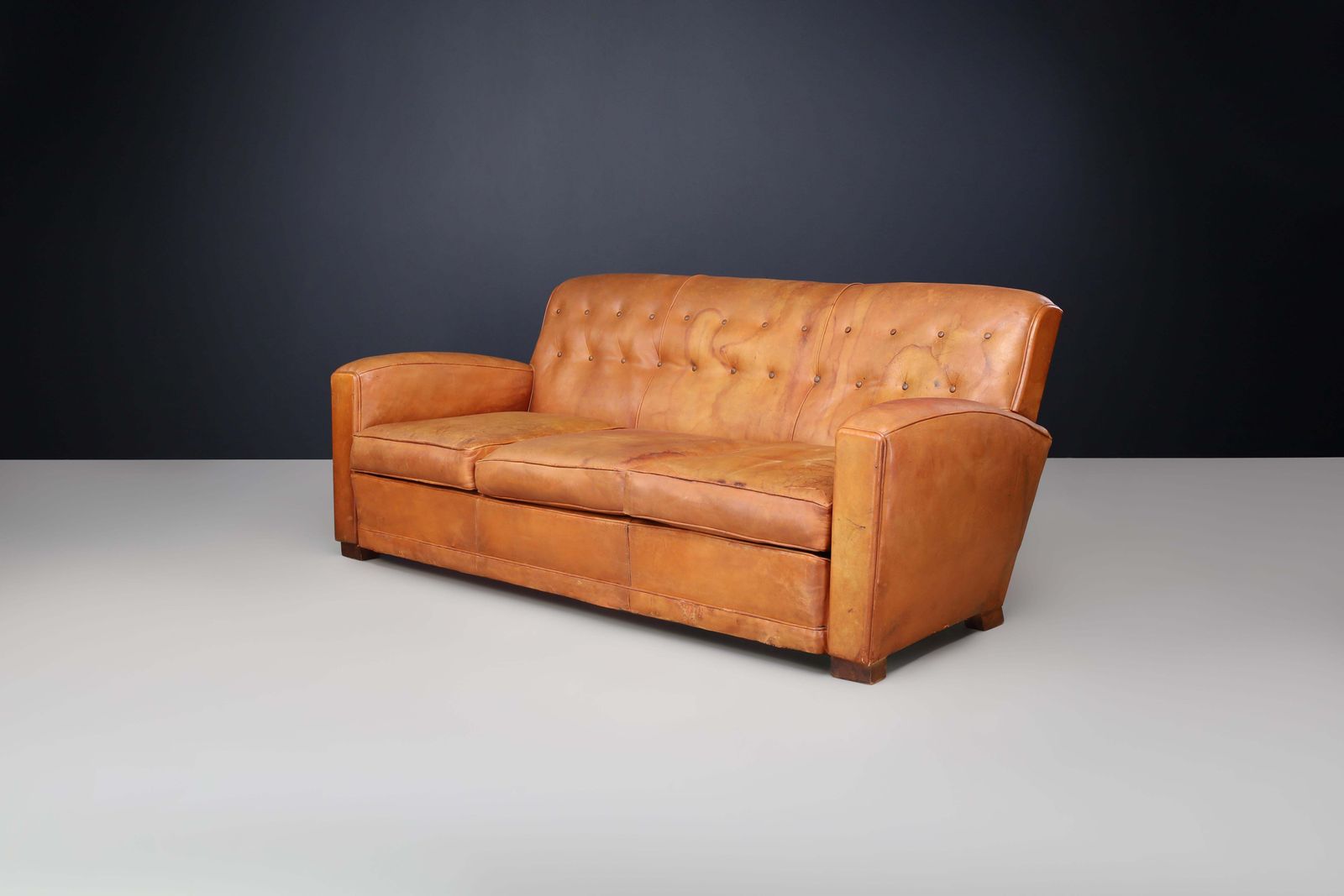 French Art Deco Patinated Leather Lounge Sofa, France, 1930s photo 5620.0