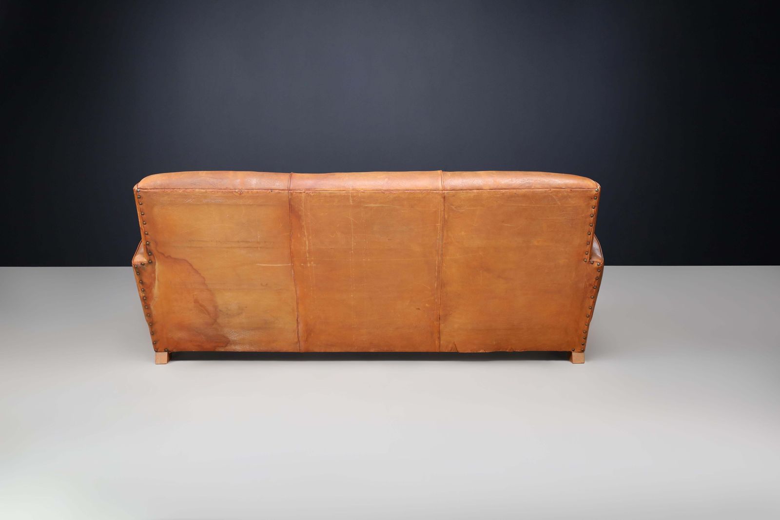 French Art Deco Patinated Leather Lounge Sofa, France, 1930s photo vinterior