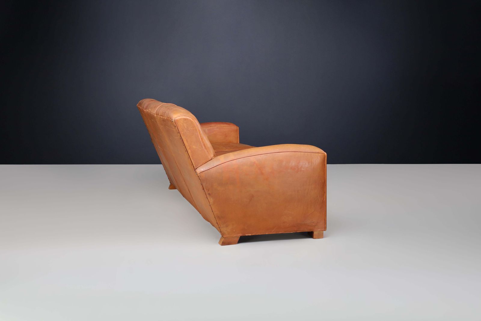 French Art Deco Patinated Leather Lounge Sofa, France, 1930s photo buy