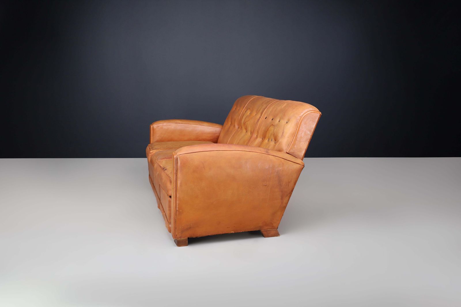 photo for sale French Art Deco Patinated Leather Lounge Sofa, France, 1930s