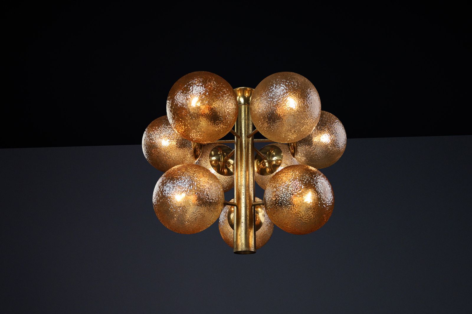 Patinated Brass Chandelier With Nine Gold Colored Globes, Germany 1960s photo 2438.0