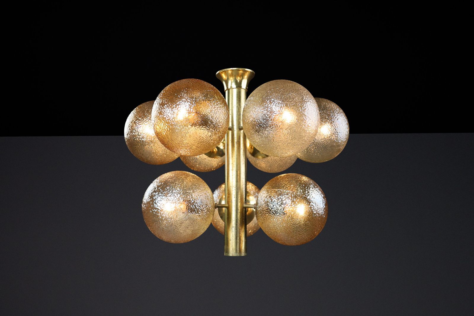 photo furniture Patinated Brass Chandelier With Nine Gold Colored Globes, Germany 1960s