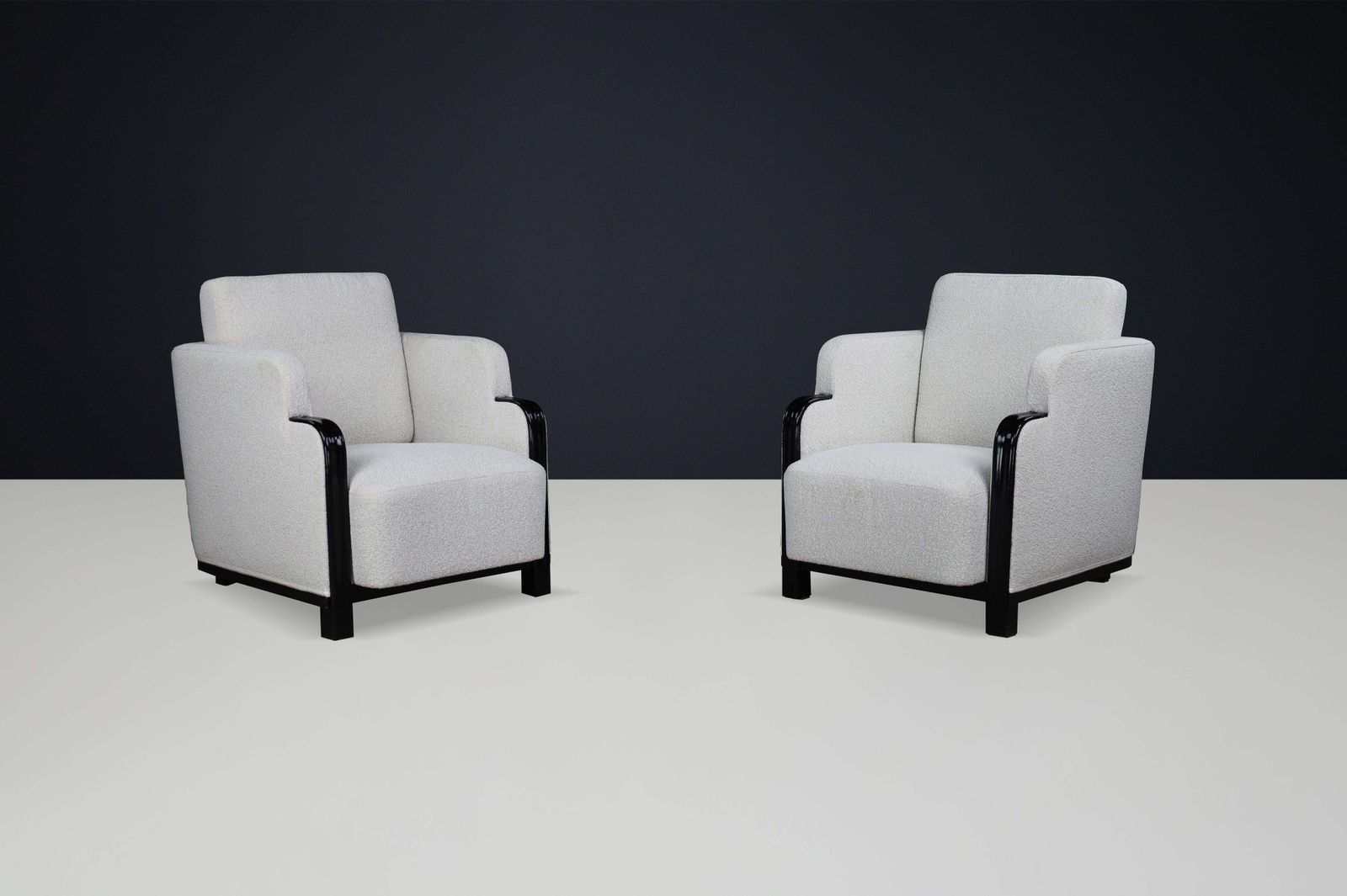 photo for sale Pair Of Art Deco Armchairs In Bouclé And Black Lacquered Wood, Prague, 1930s